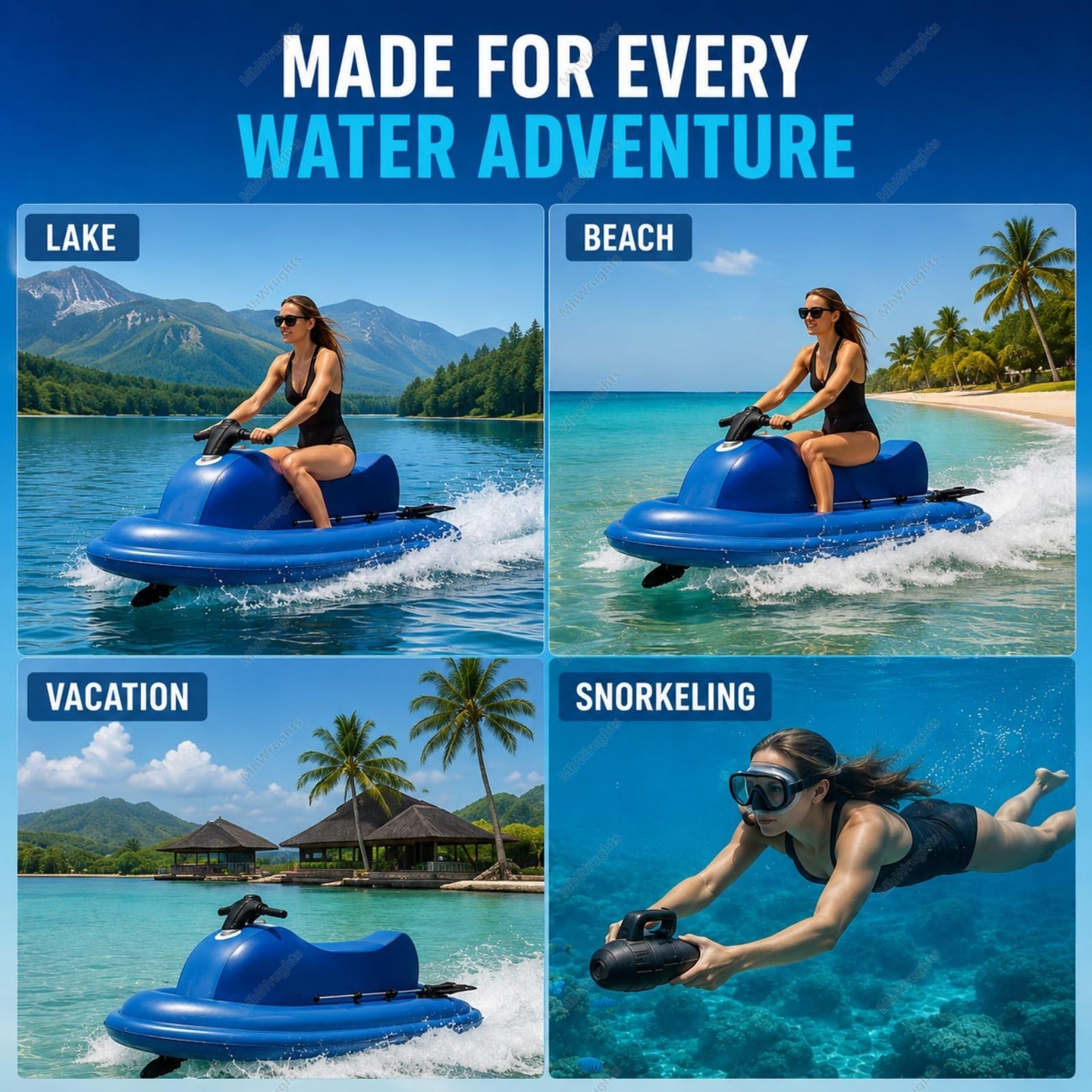 Motorisiertes, aufblasbares Wasserfahrzeug zum Draufsitzen, tragbares elektrisches Jetboot mit Doppelflossen-Design und abnehmbarem Bugstrahlruder für Seen und Pools 500W10A