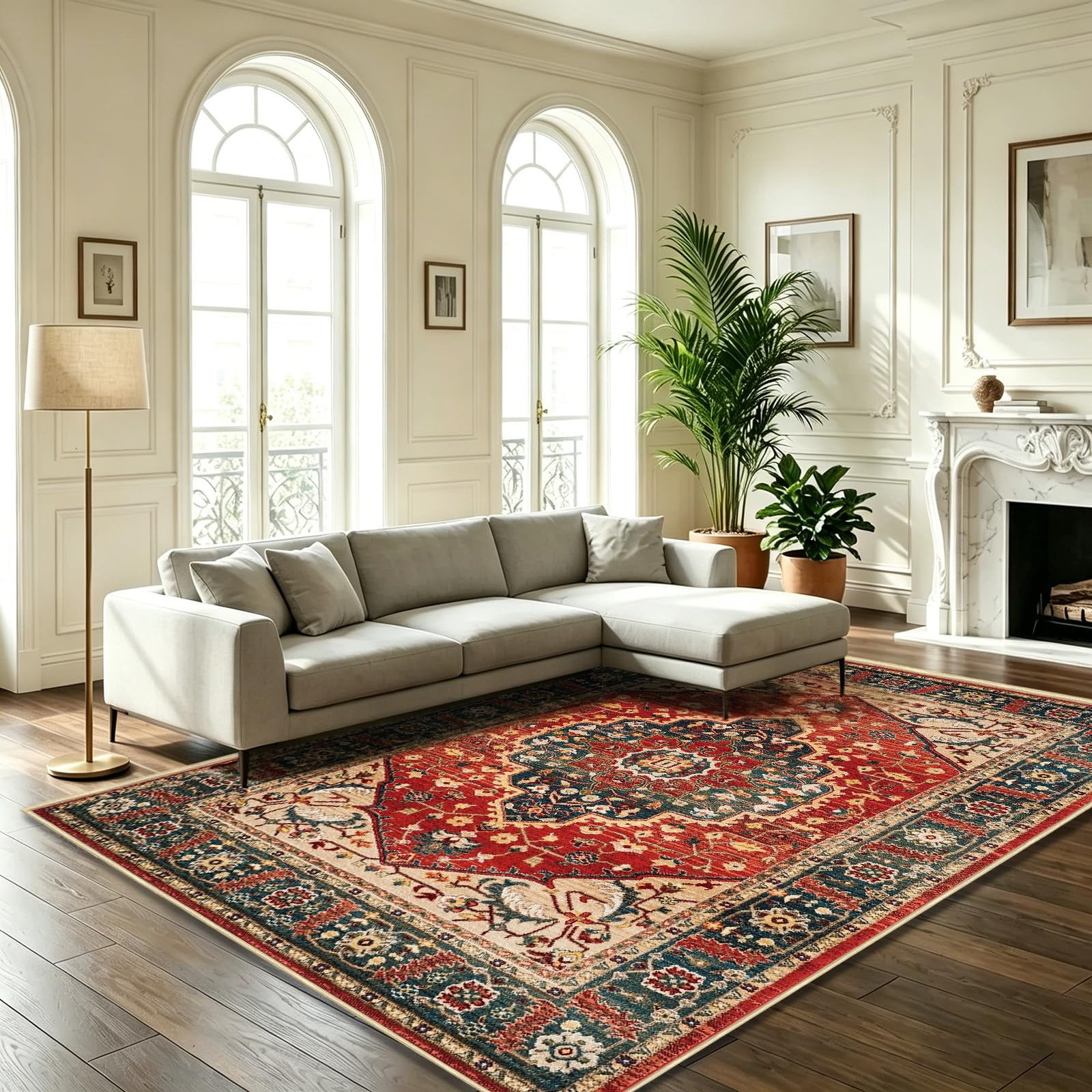 WUTONG Vintage Teppich Wohnzimmer 160x230 cm Rot,Orientalischer Teppich Waschbar rutschfest Kurzflor,Geeignet für Esszimmer und Jugendzimmer,Retro Boho