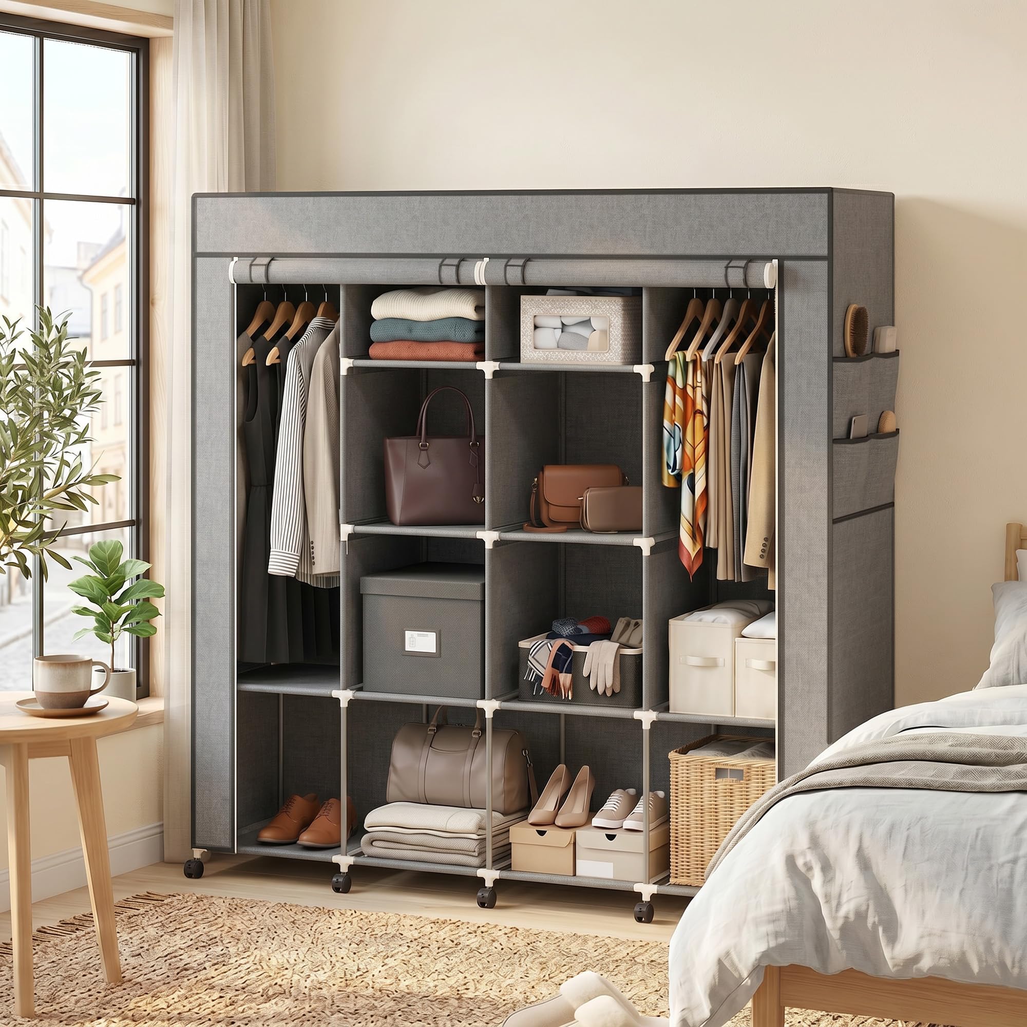 HOMCOM Armadio Portatile Guardaroba Ruote 166x42.5x167cm Grigio Scuro | Tessuto non Tessuto e Acciaio, 10 Scomparti, 2 Barre Appendiabiti, Ante a Cerniera