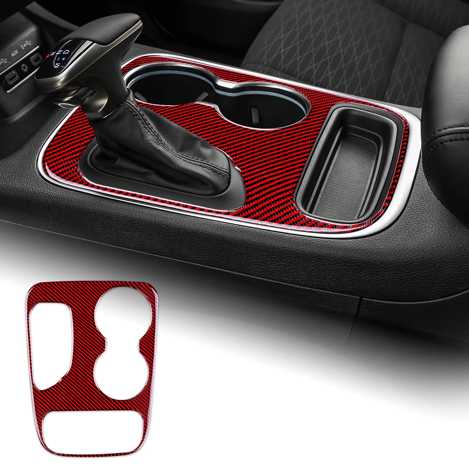 2Pcs For Dodge Challenger 2008-2014 Red Carbon Fiber Gear Shift Panel Cover Trim