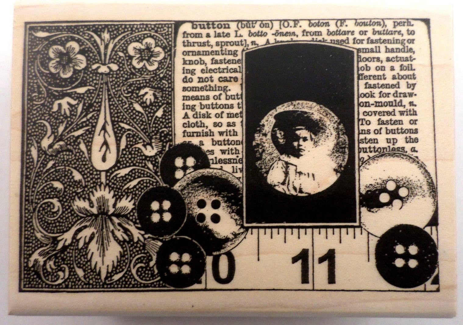 Stampington And Co Baby Buttons Notions Collage Wood Mount Rubber Stamp #S7111