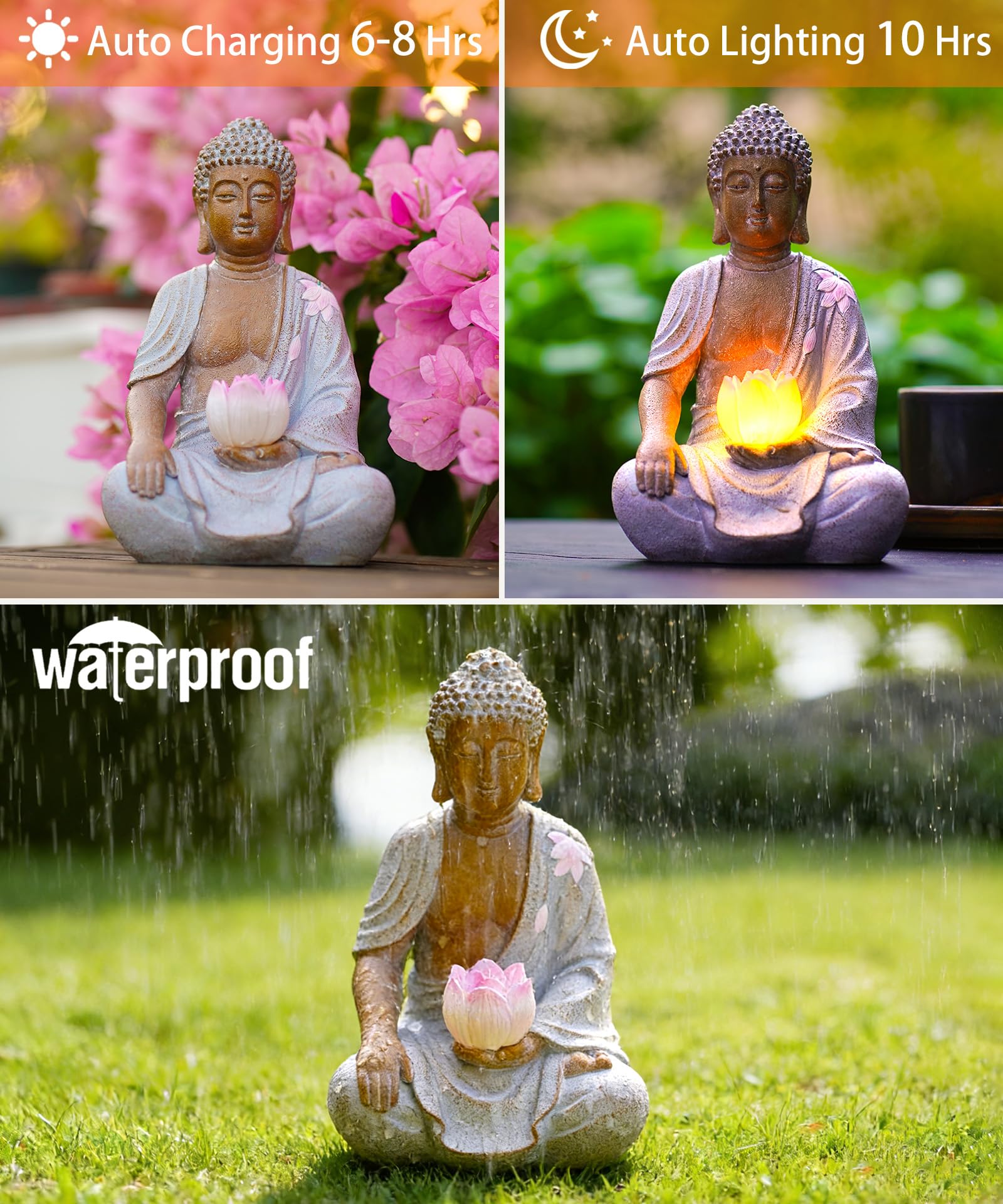 Goodeco Statua solare di Buddha con luci di loto Phink – 21 cm | Ornamenti zen seduti per patio, cortile, balcone, giardino, decorazione, regalo per donne, uomini, meditazione, bianco