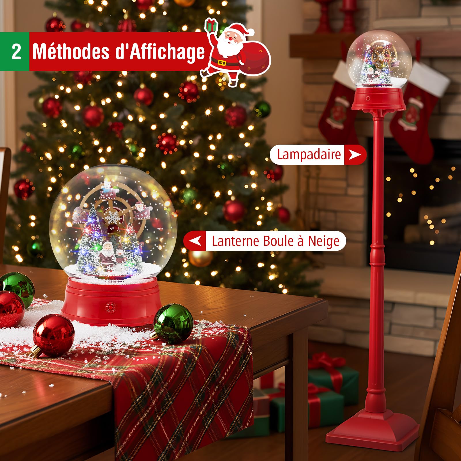GOPLUS Lampadaire Noël 153 cm avec Lumières LED, Décoration Noel Exterieur Carrousel Rotatif avec 8 Chansons, Scène Festive, Lanterne Boule à Neige Noel, Interieur Exterieur (Grande Roue)