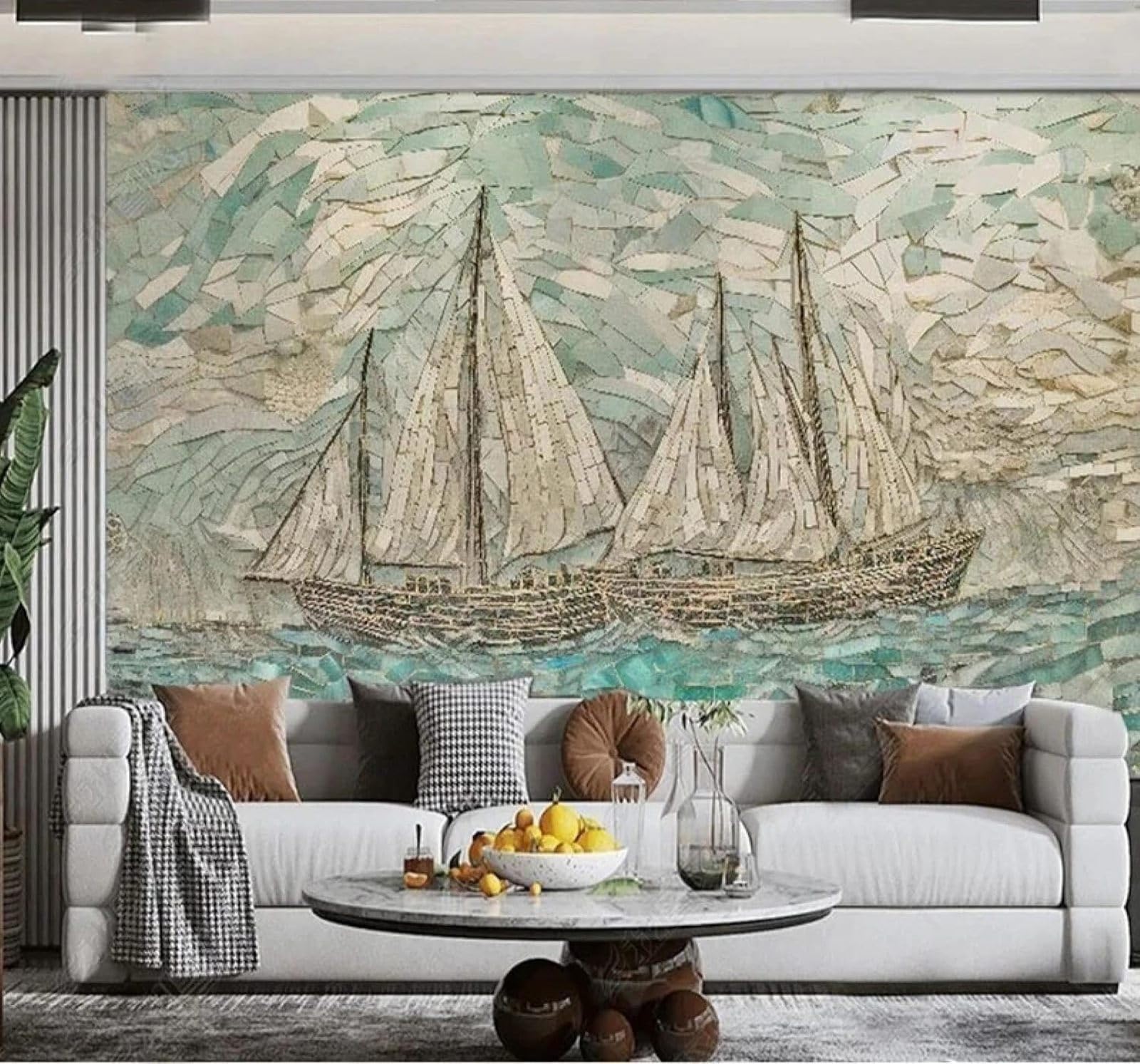 Tzxztt Creative Mosaic Sailing Boat Sea Art Modern 3D Wallpaper Premium Textured Silk Neutral Tones Material Ideal for Living Room Bedroom-350cm×256cm