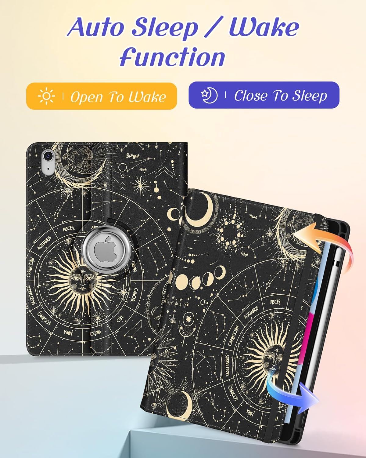 Kidcube for iPad 10th Generation Case 2022, for iPad (A16) Case 11th Generation 2025 - Women Girls Cute Rotating Stand Folio Cover with Pencil Holder & Card Slot Girly Sun Moon Star Design Teens Cases - Image 4