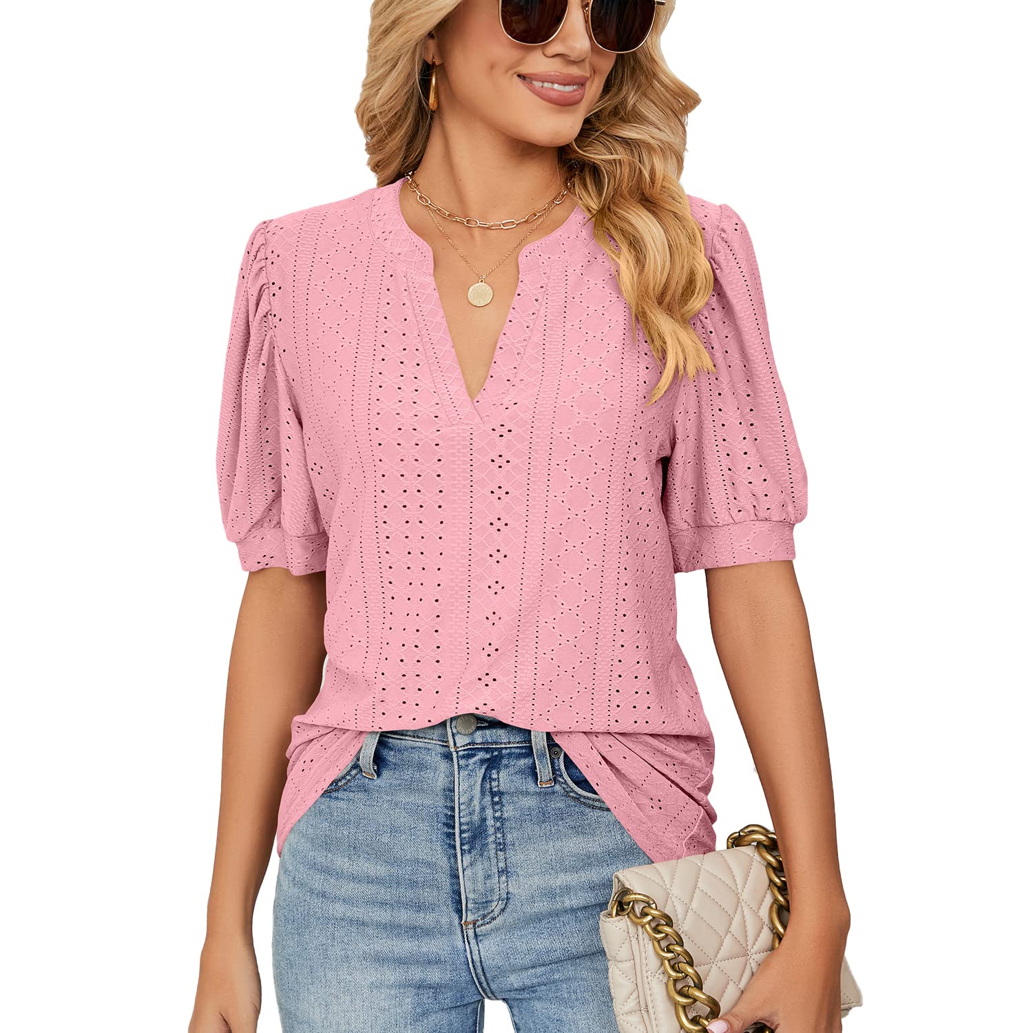 T-shirt Élégant Femme Manches Bouffantes GRECERELLE – Bleu Roi Broderie Chic Décontracté & Formel