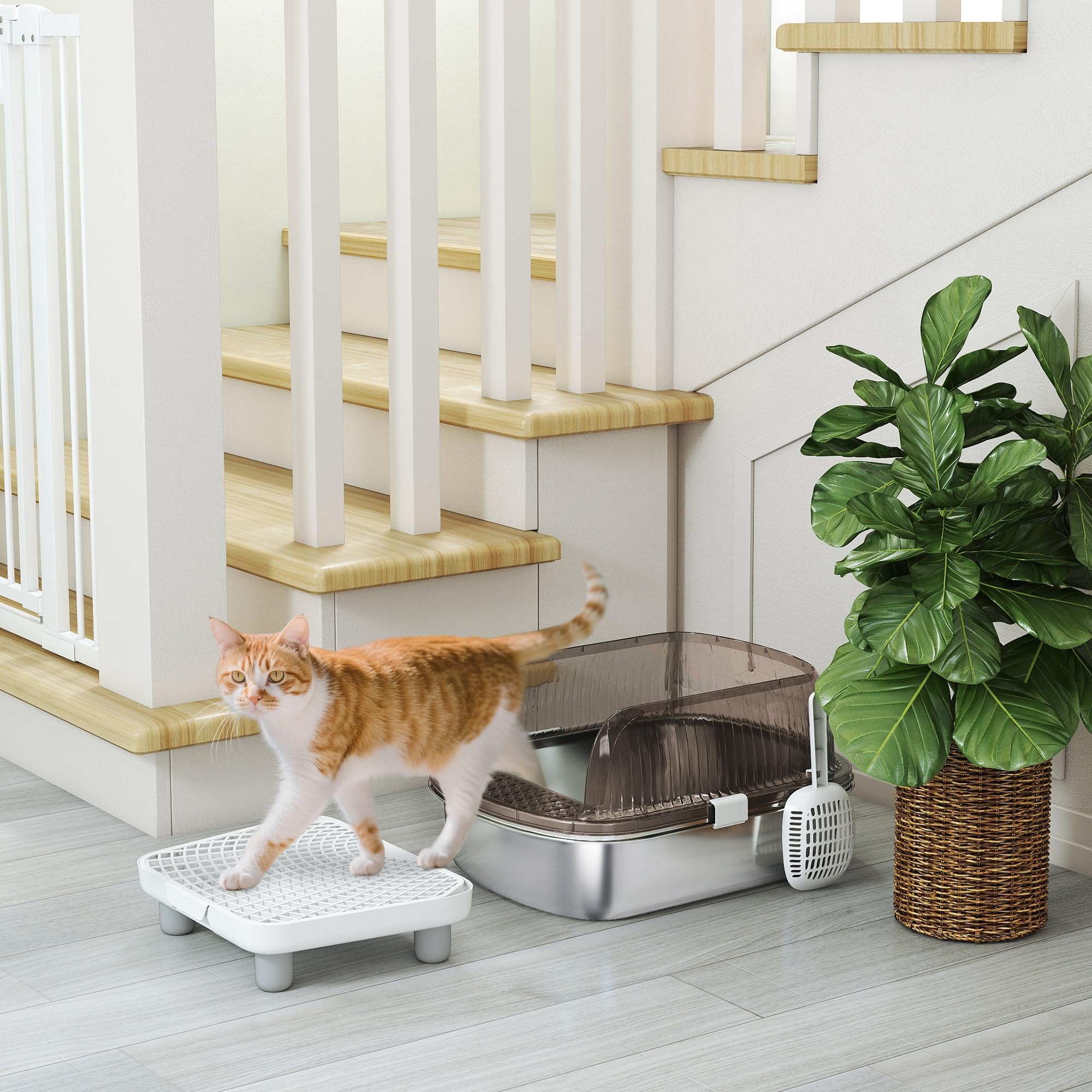 PawHut Arenero para Gatos Cubierto Extragrande Peldaño Pala Gris | Bandeja de Acero Inoxidable, Caja de Arena Cerrado, Bordes Altos, Zona para Caída de Arena, sin Olor, Fácil Limpieza