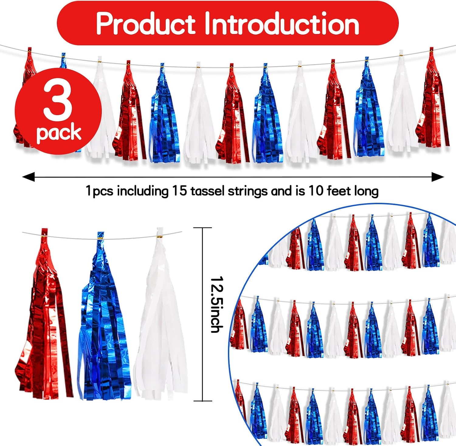 BEISHIDA 3 Packs Red Blue White Metallic Foil Fringe Tassel Garland Pre-Strung Tassels Banner Streamers New Year Graduation Birthday Wedding Baby Shower Christmas Holiday Party Decoration 45pcs
