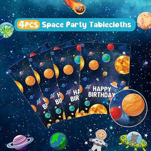 Miniatura 3 de FunHot Manteles espaciales, 4 manteles de galaxia, 54 x 108 pulgadas, rectangulares con estampado de galaxia para niños, fiesta de cumpleaños,