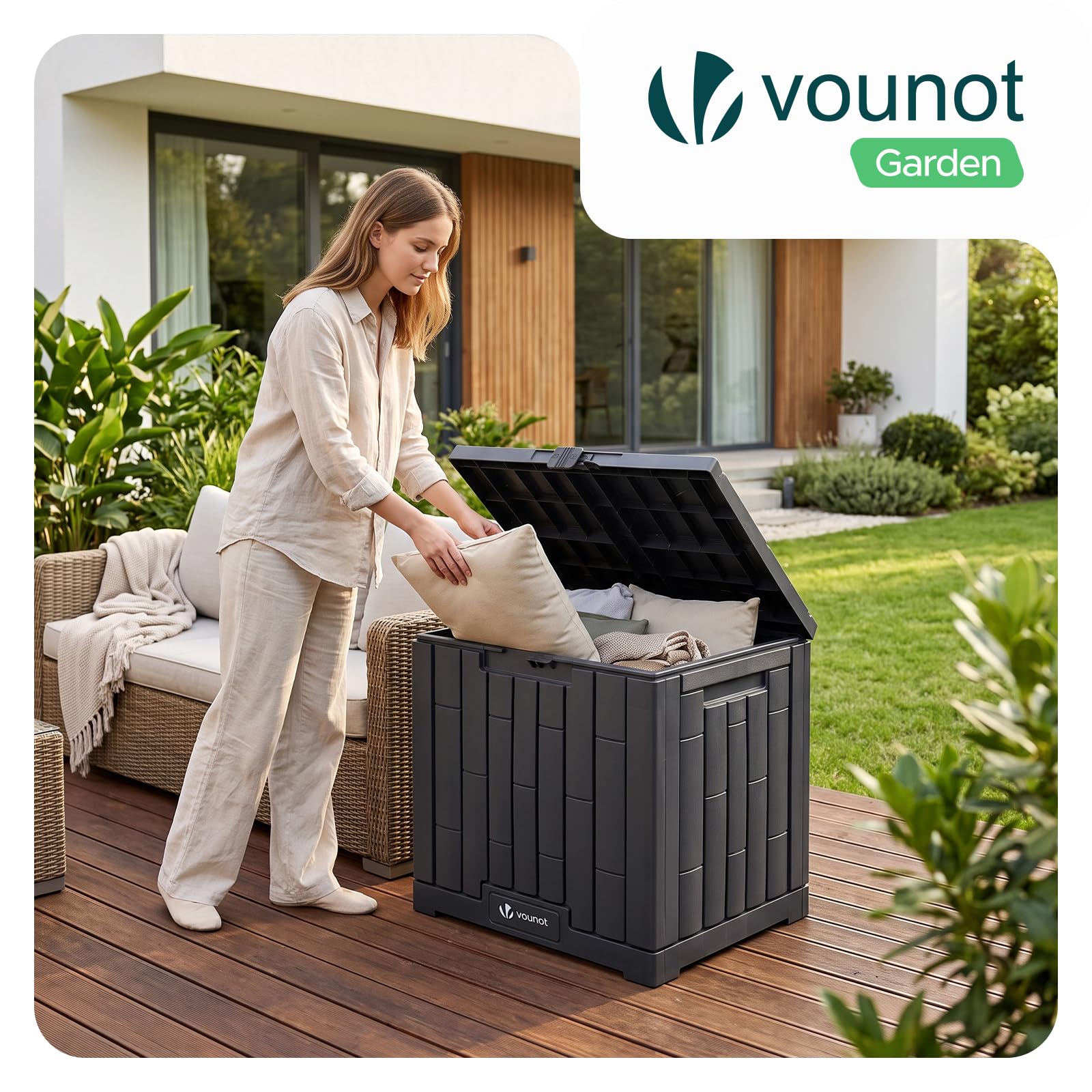 VOUNOT® Baule da Esterno 126L, Cassapanca da Giardino Impermeabile e Resistente ai Raggi UV con Chiusura Integrata, Coperchio Maniglie Incassate 56x44x53 cm per Terrazza, Balcone e Piscina, Antracite