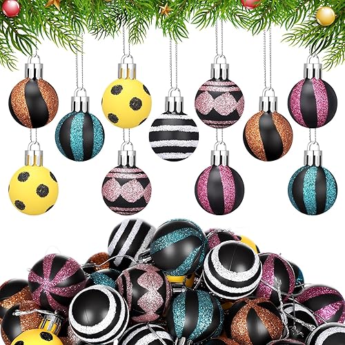 Miniatura 7 de 24 bolas de Navidad en blanco y negro de 2.36 pulgadas, diseño de rayas de punto, esferas de Navidad colgantes de plástico negro, adornos de Navidad
