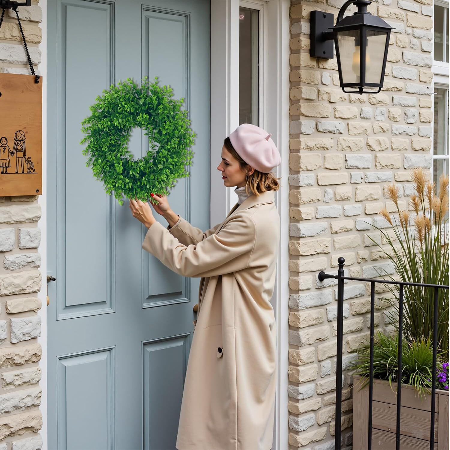 U'Artlines 17inch Front Door Wreaths Artificial Spring Summer Greenery Hanging Garland for Home Wedding Wall Window Decoration (17'inch Boxwood,1) - Image 7