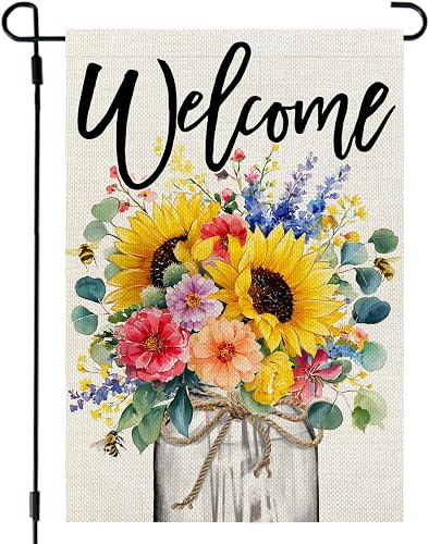 Summer Garden Flag Sunflowers Mason Jar 12x18 Inch Double Sided Small Floral Seasonal Holiday Decoration for Outside Yard