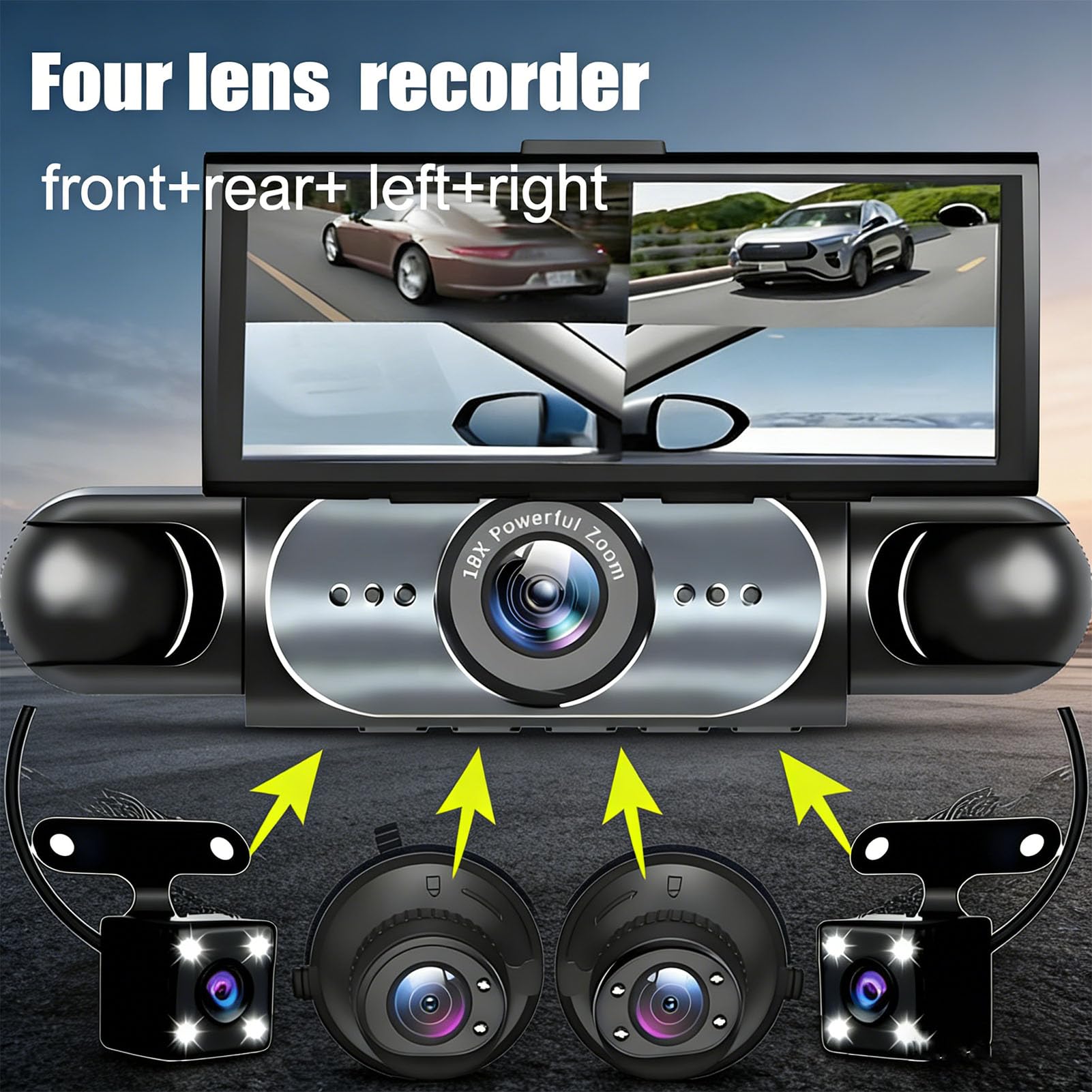 Cryfokt Dashcam 4, Registratore Auto Anteriore Posteriore Sinistra | Materiale ABS, Batteria Li-ion 150 MAh, Supporto App WiFi, Memoria Fino a 128 GB