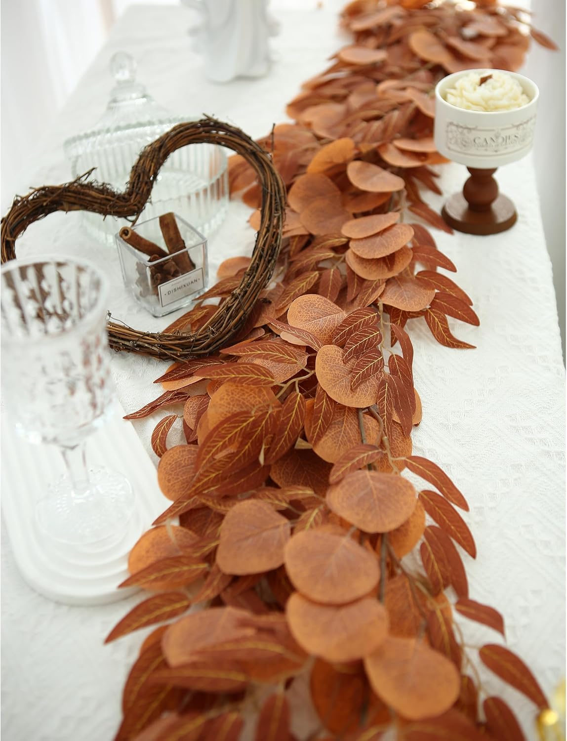 Greentime 2 Pack Artificial Autumn Eucalyptus Garland 6.5 Feet Fake Fall Leaf Garland for Thanksgiving Wedding Table Runner Fireplace Decor - Image 3