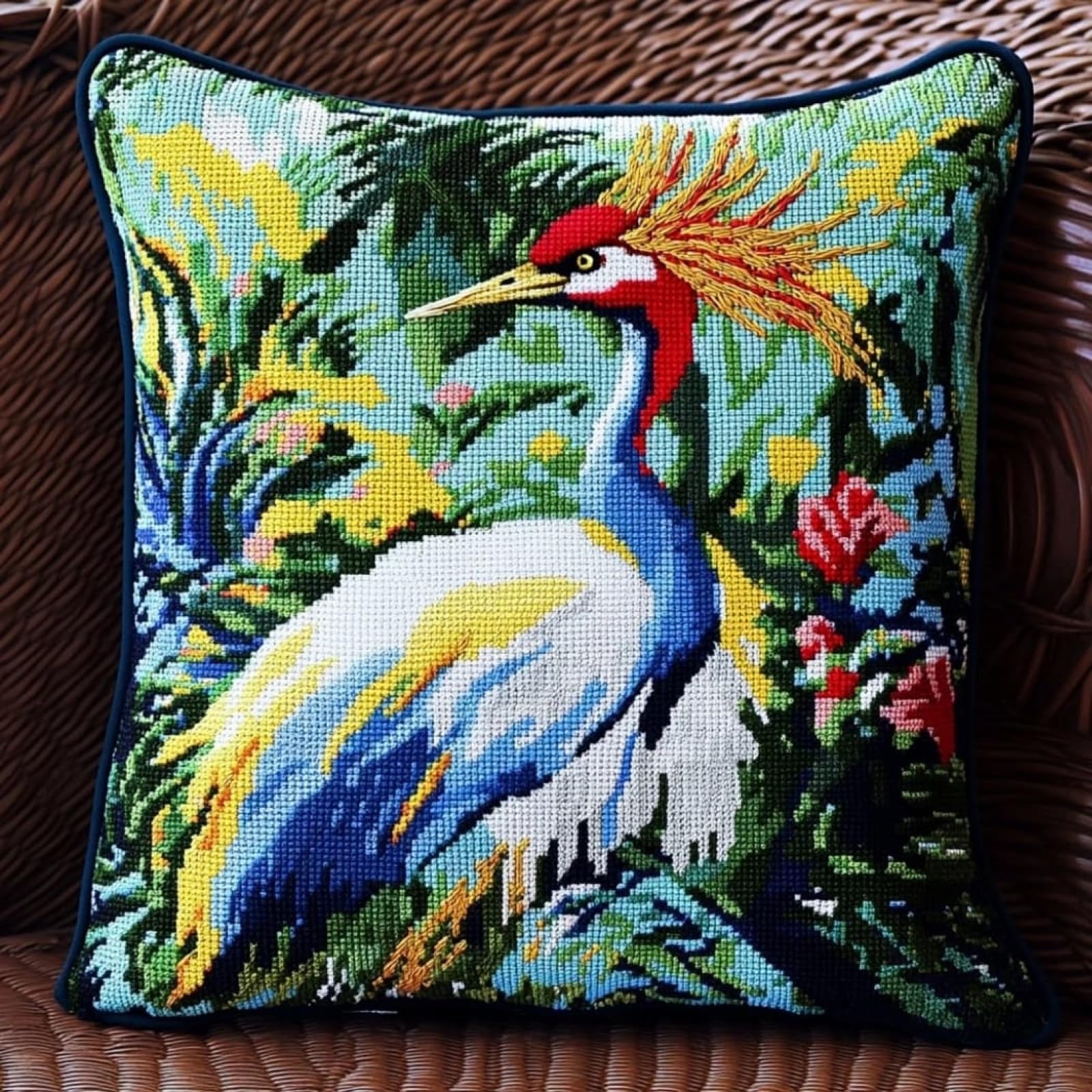 WallustrioaW Stamped Cross Stitch Pillow Kits,red-Crowned Crane 11CT Cross Stitch Cushion Cover Embroidery Kit Needlepoint Handmade Cushion for Home Decor 18x18inch