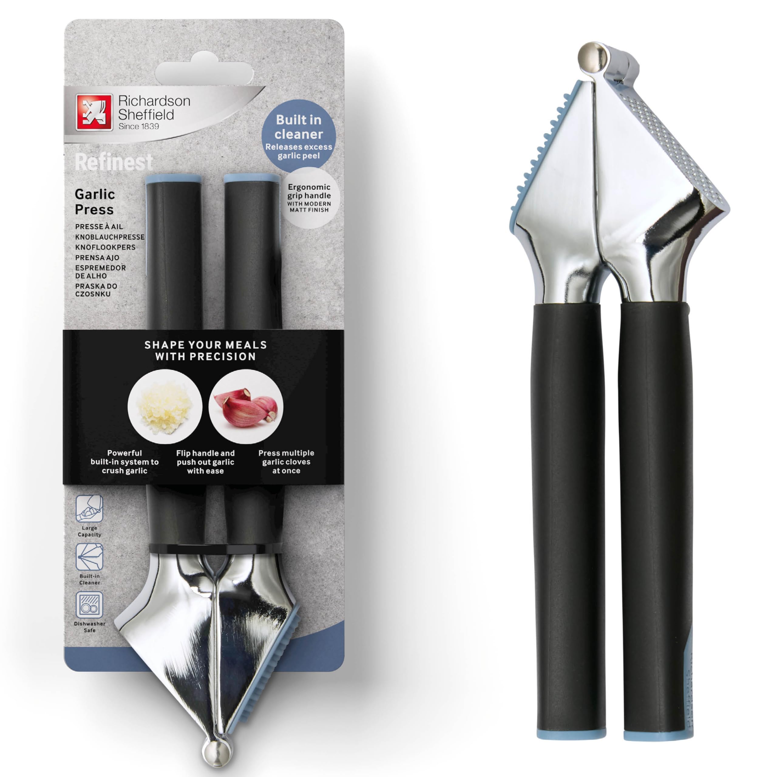Richardson Sheffield Garlic Crusher, Garlic Press, Mincer - Black | Integrated Cleaner, Large Capacity, 190 mm Total Length, Corrosion-Resistant, Dishwasher Safe