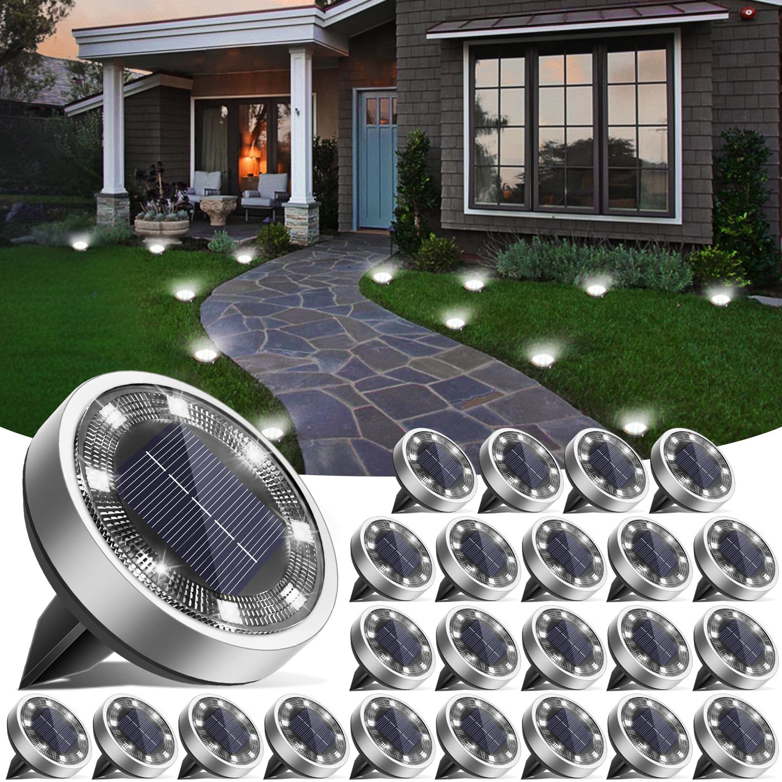 vighep Solar Lights Outdoor Garden, 24 Pack Super Bright Led Solar Ground Lights, IP65 Waterproof Disk Light