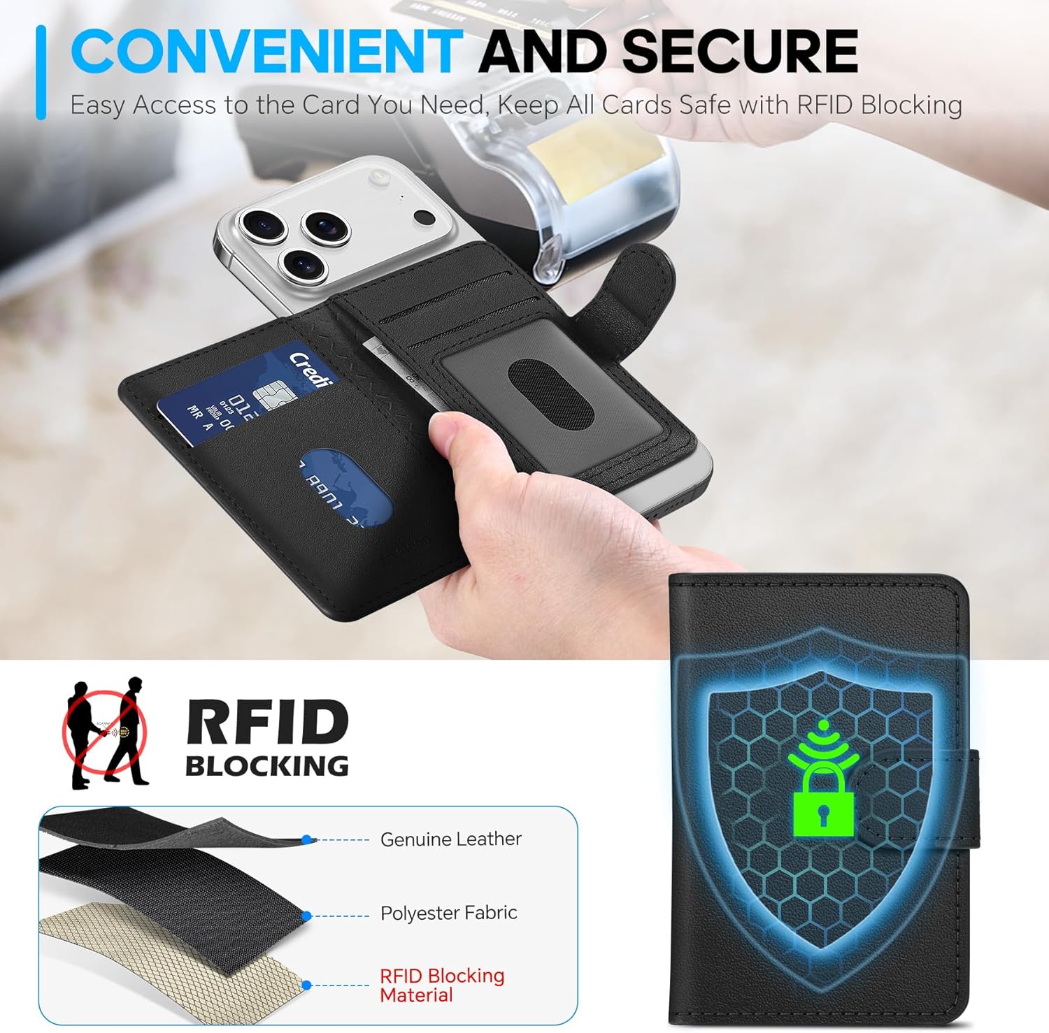 SHIELDON for MagSafe Wallet Genuine Leather Strong Magnetic Card Holder - RFID Blocking, 6 Card Slots, ID Window, Magnet Cell Phone Wallet Compatible with iPhone 17/16/15/14/13/12 Series - Nappa Black - Image 6