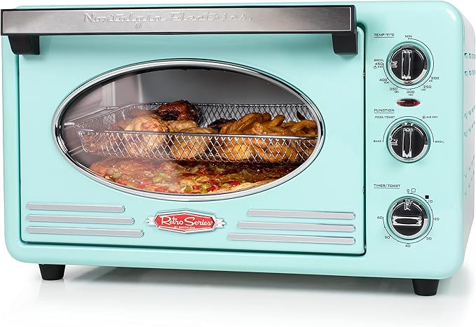 Nostalgia RTOV2AQ Large-Capacity 0.7-Cu. Ft. Capacity Multi-Functioning Retro Convection Toaster Oven, Fits 12 Slices of Bread and Two 12-Inch Pizzas, Built In Timer, Includes Baking Pan,Aqua