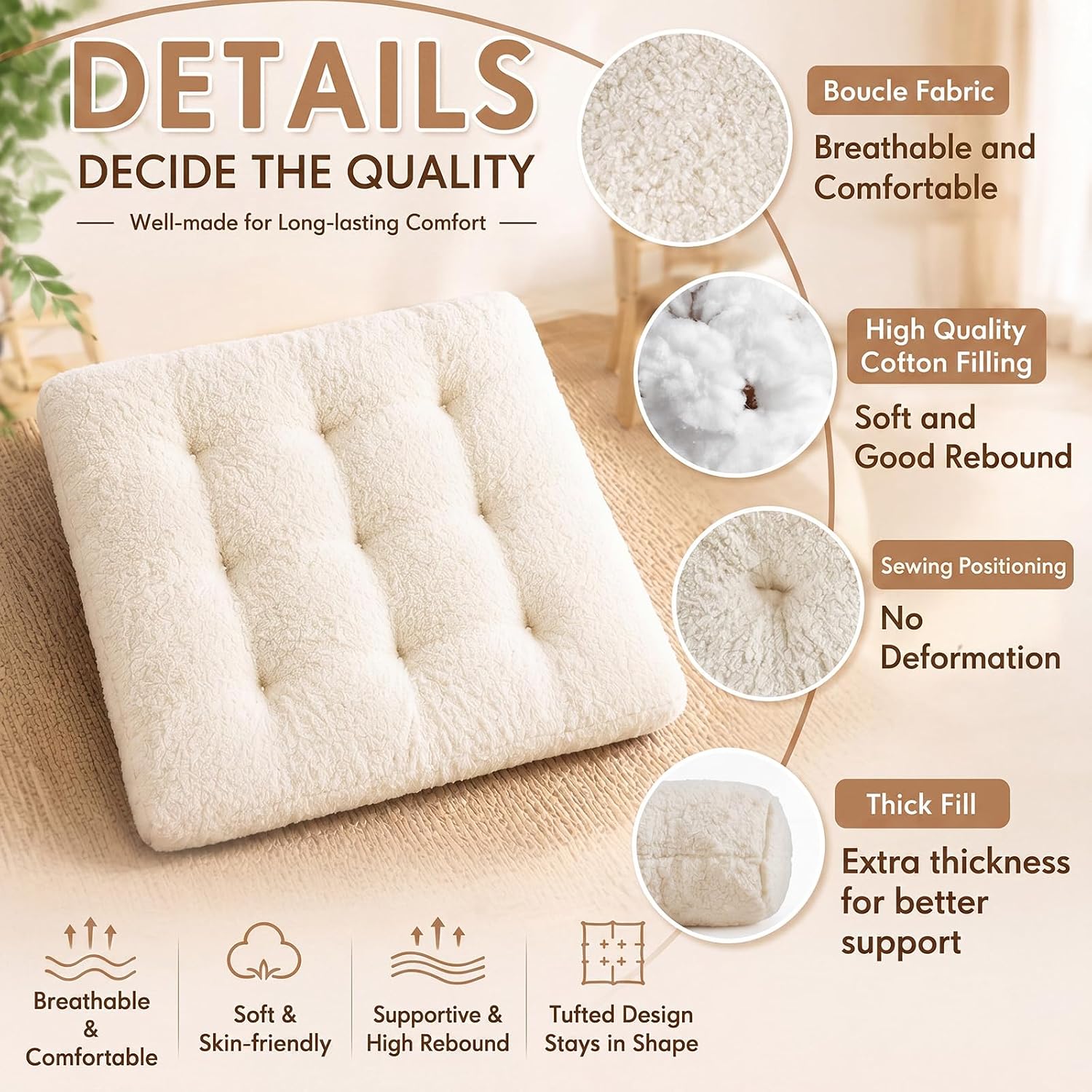 Jerify 2 Pcs 22 x 22 x 3.5 Inch Cream Boucle Floor Pillow Cushions for Adults, Large Square Floor Pillow for Meditation, Plush Tufted Seating Pad for Living Room Balcony Tatami