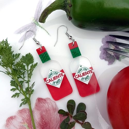 Miniatura 2 de Funny Hot Sauce Bottle Dangle Earrings, Some Like it Hot Muy Caliente Sauce Red Tabasco Style Bottle Earrings Spicy Jewelry