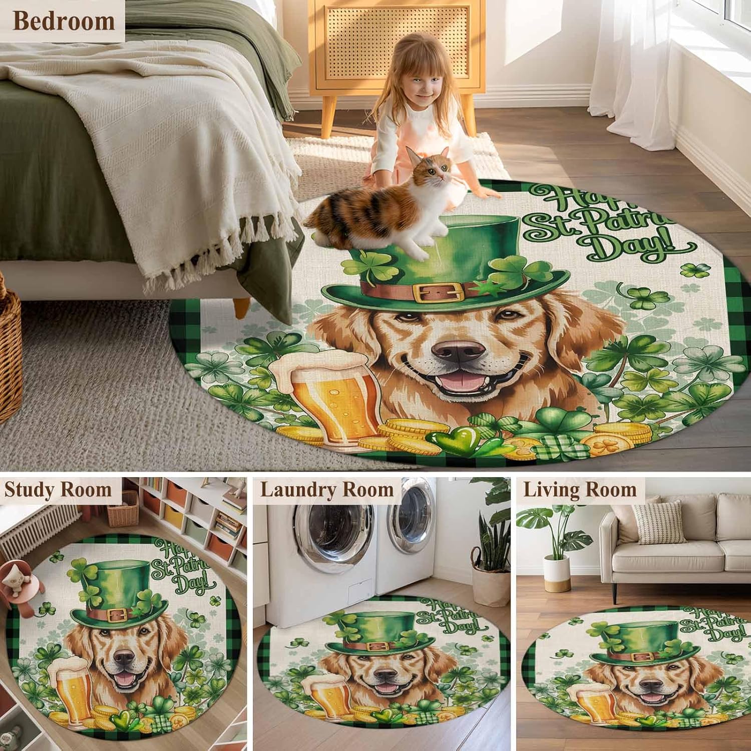 Saint Patrick's Day Round Rugs for Living Room 3ft Watercolor Green Hat Dog Lucky Shamrocks Linen Texture Non Slip Circle Rug Washable Low-Profile Indoor Carpet for Bedroom, Dining Room, Bathroom
