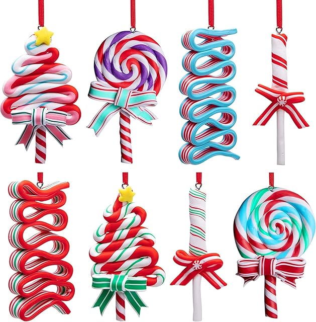 8pcs Christmas Lollipop Ornaments, Christmas Tree Candy Cane Ornament, Valentine's Day Lollipop Hanging Decorations, Decorative Candies Polymer Clay Ornament for Valentine Home Party Holiday