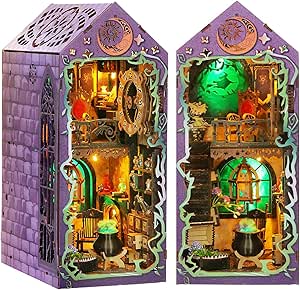 Book Nook Kit - magic Bookshelf Decor - Featured Fantasy Book Nook kit example showing detailed miniature house construction with LED lighting and accessories
