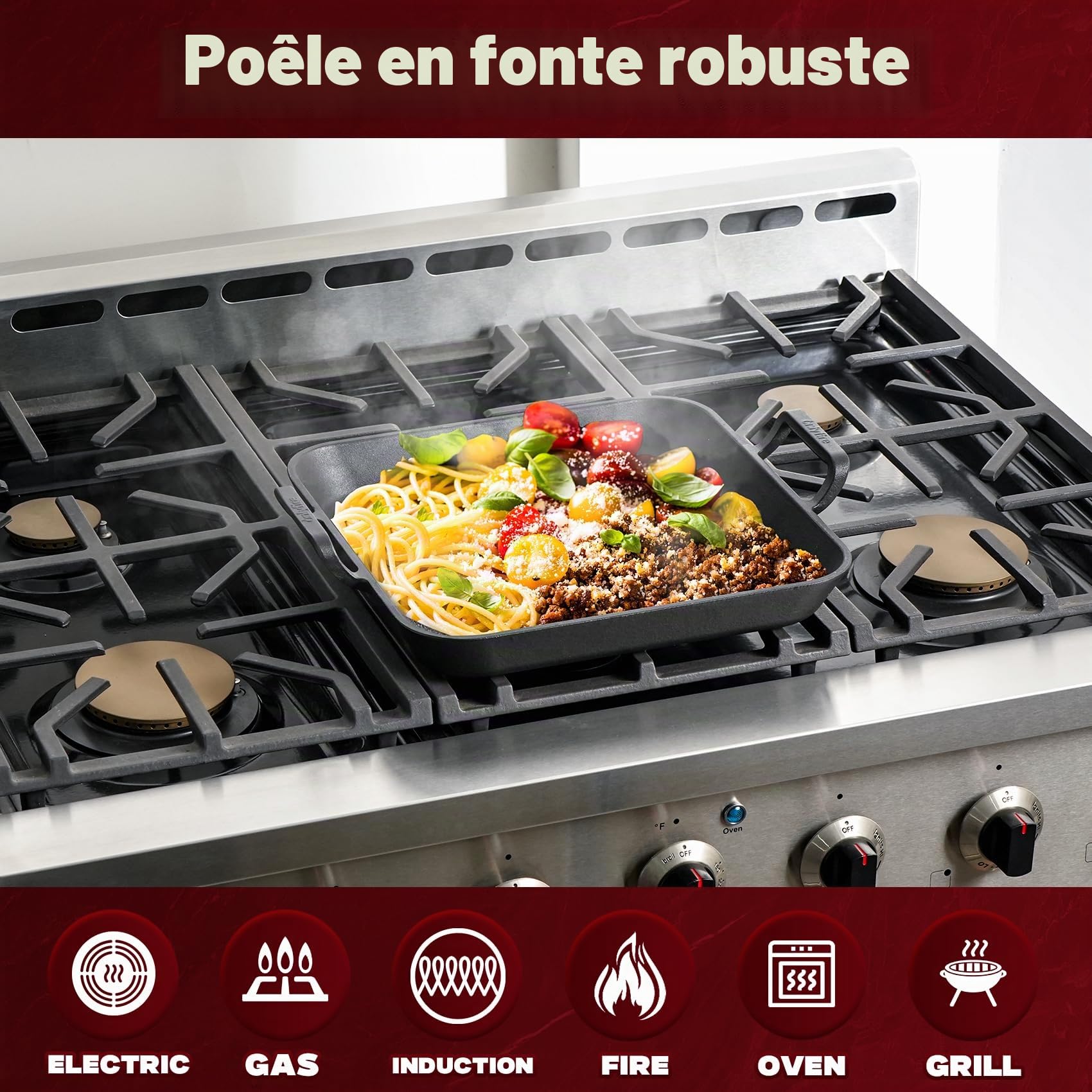 onlyfire Poêle en Fonte avec Poignée pour Barbecue, 31.5 x 31.5 cm, Plaque de Cussion pour BBQ, Poêles Gril Carrée, Accessoire pour Barbecue a Gaz, Charbon et Four