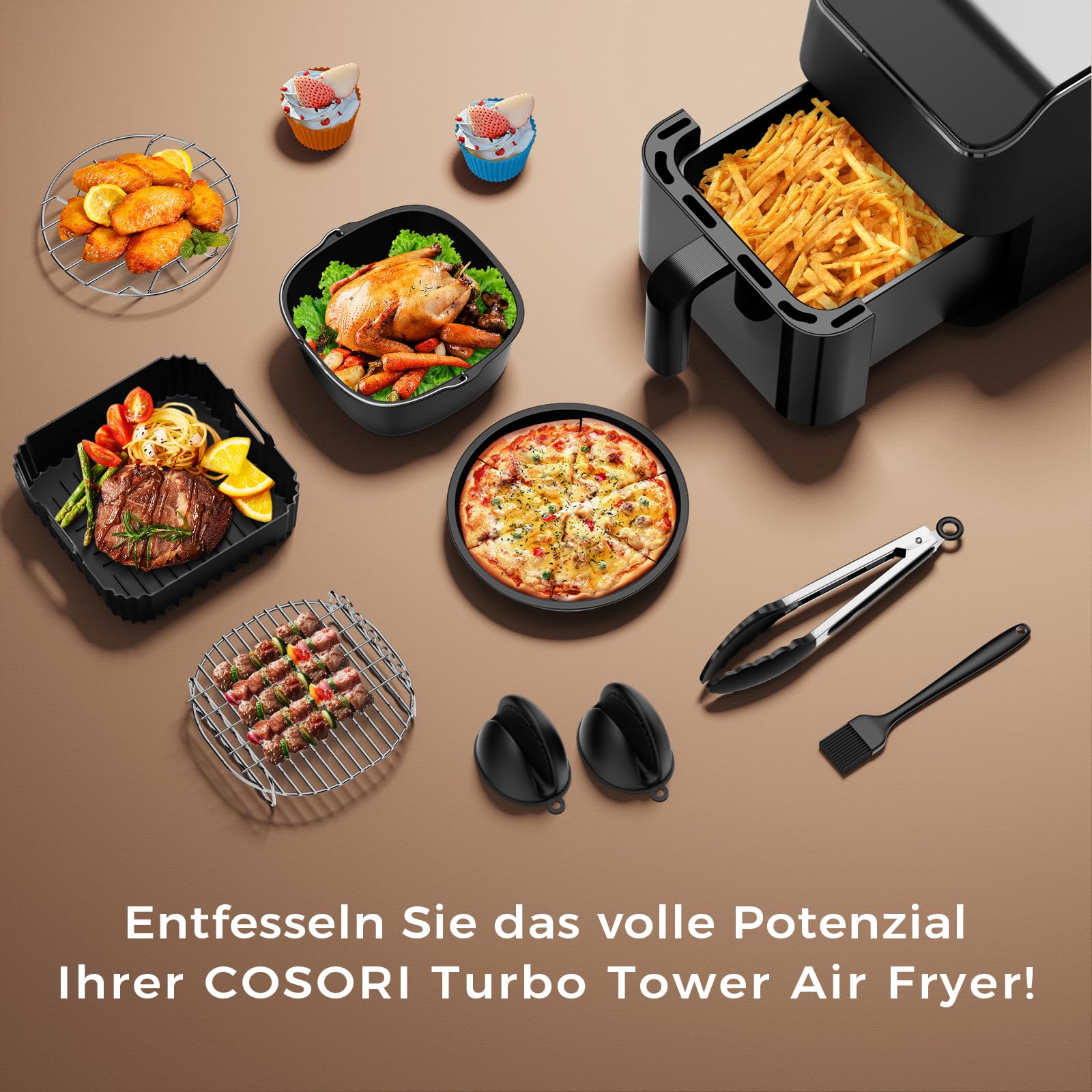 17-Teiliges Heißluftfritteuse Zubehör für COSORI Turbo Tower Pro Smart 10,8L Double Stack Airfryer,BPA-frei Airfryer Silikonform Zubehör für COSORI Turbo Tower 6,5L/4,3L Air Fryer Silikon Einsatz