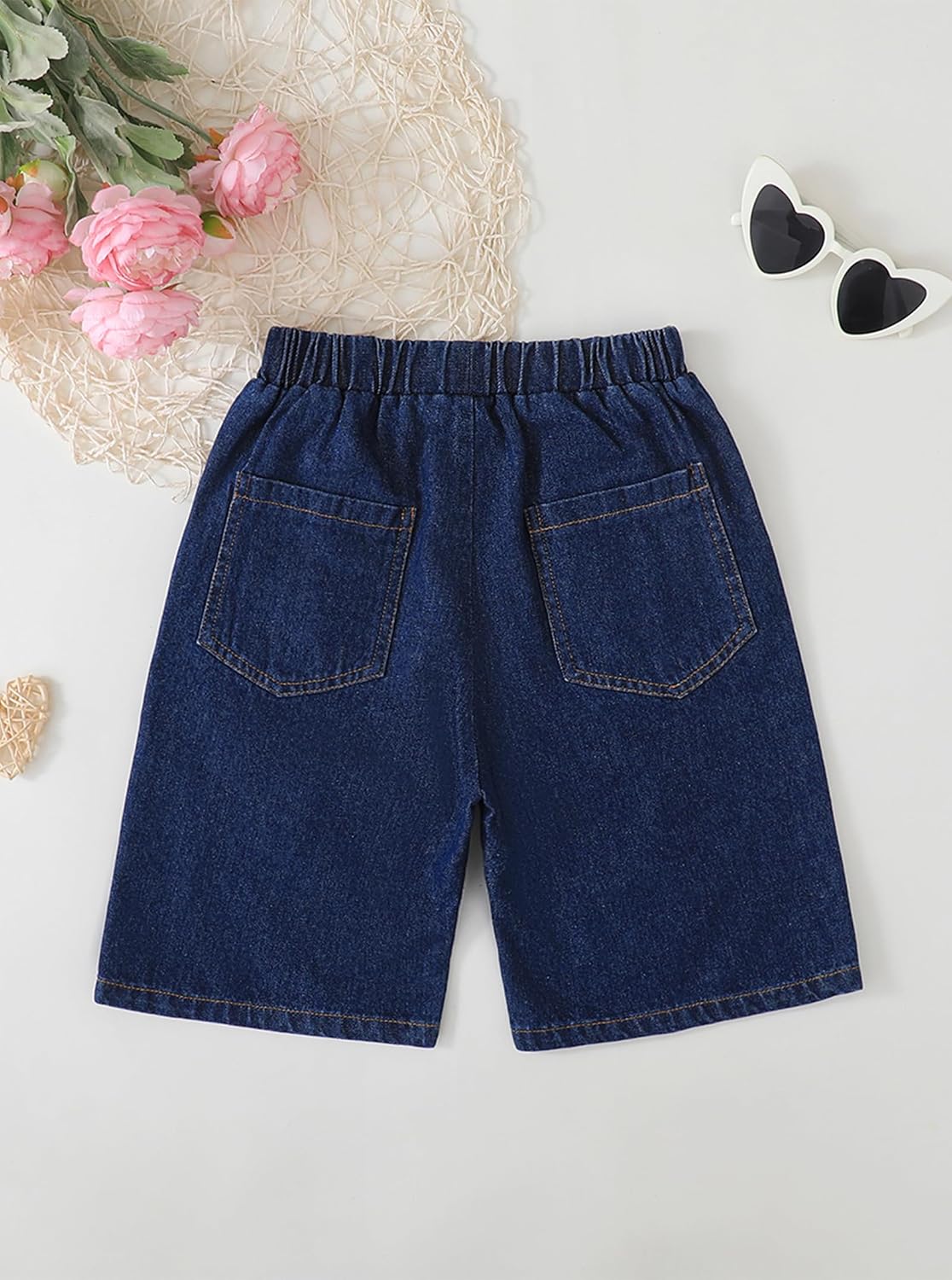 Hilinker Girls Jean Shorts Shorts Cute Ripped Elastic Waist Vintage Denim Bermuda Shorts with Pockets