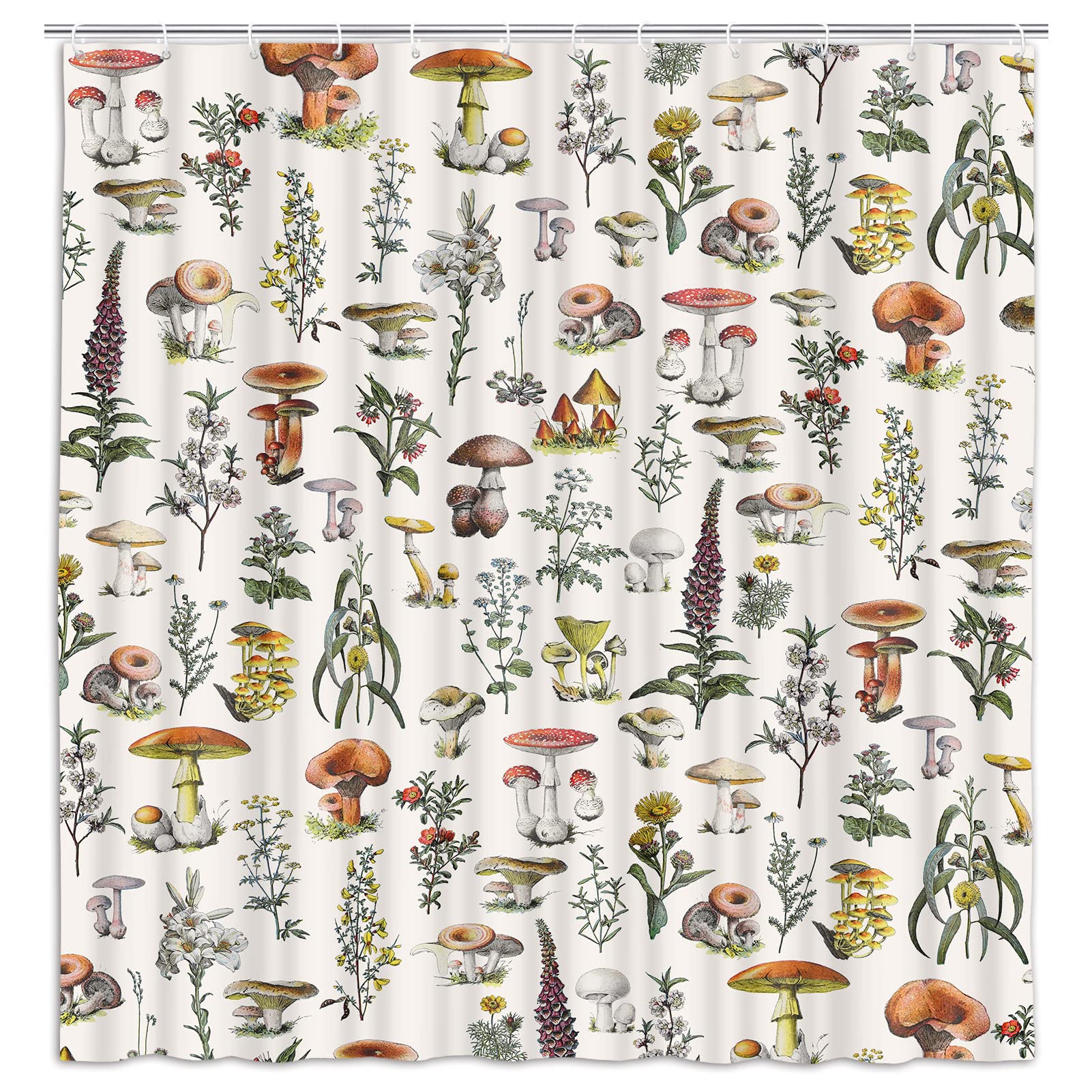 Wathon Vintage Botanical Shower Curtain 72x72 Inch - Plants Herbs Mushroom Cottagecore Design, Beige Neutral, Waterproof Polyester