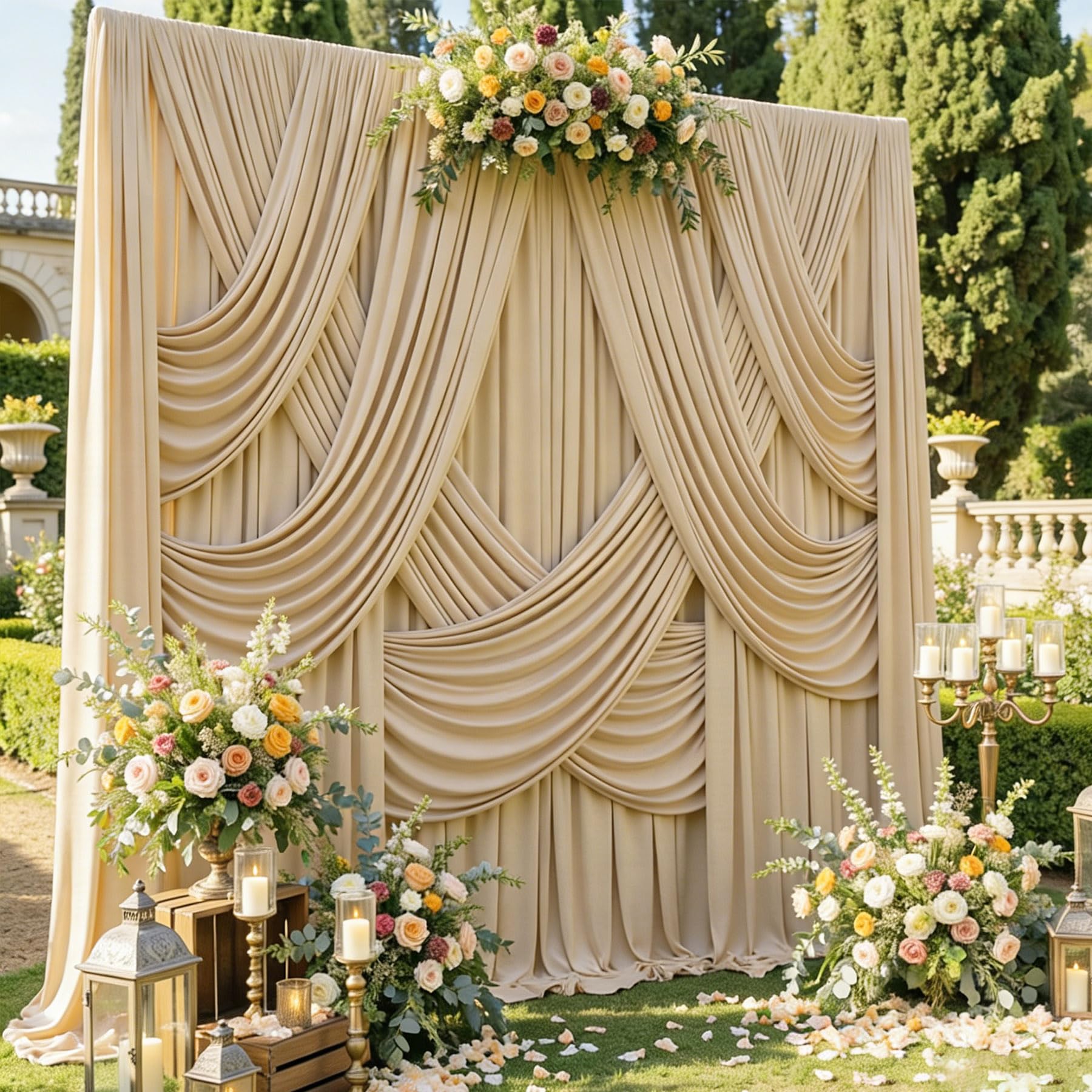 Photo 1 of 20ft x 12ft Champagne Backdrop Curtain for Parties, Wrinkle Free Polyester 4 Panels 5x12ft Photo Backdrop Drapes Back Drop Cloth for Wedding Birthday Party Baby Shower Photography Background