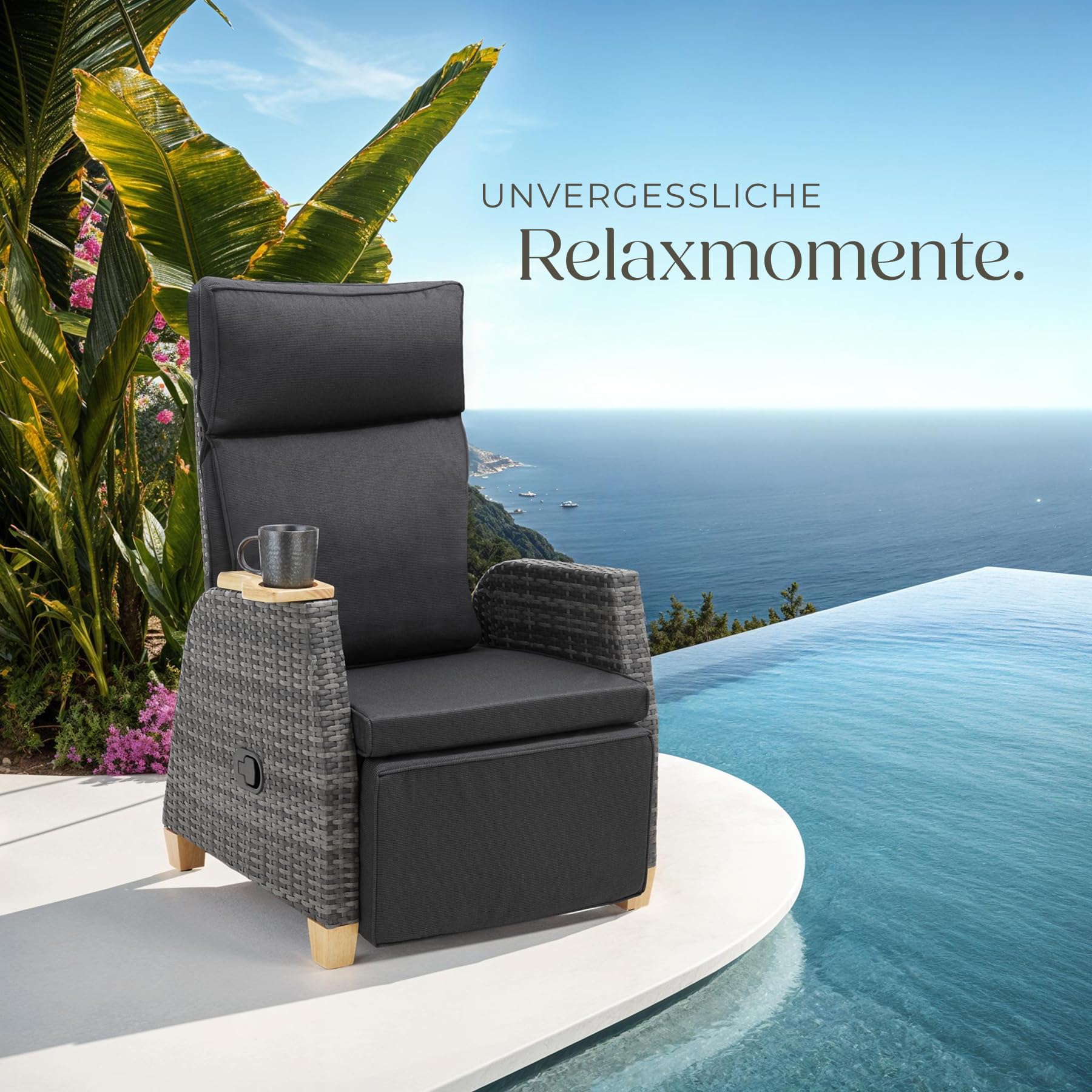 Tectake Rattan Outdoor Sessel Hochlehner mit Fußstütze verstellbare Lehne Relaxsessel Liegefunktion 2er Set