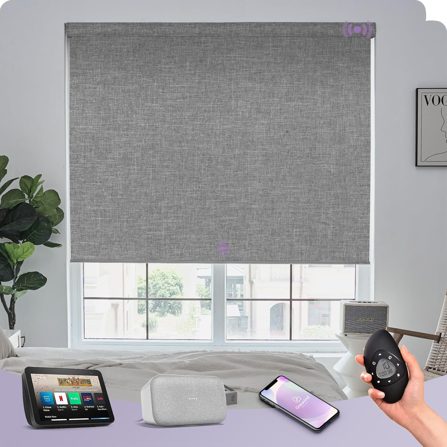 Graywind Energy Efficient Electric Roller Blinds - 4-Layer Double-Sided Thermal Fabric, Smart Motorised Blackout Blinds Compatible with Alexa Google, Rechargeable, Made to Measure, Light Grey