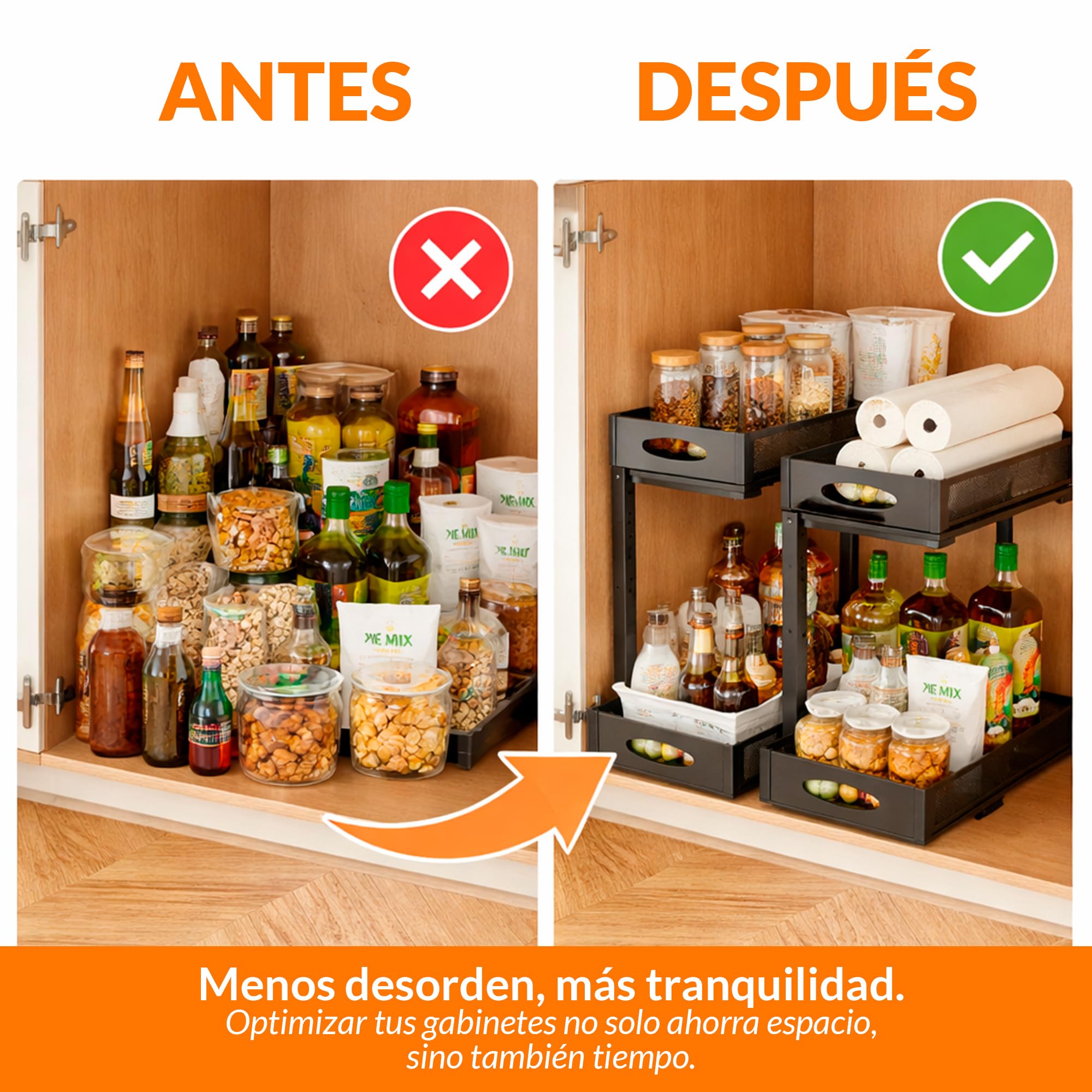 XARA Organizador Bajo Fregadero Metal Negro Pack 2 | Doble Altura, Bandejas Extraíbles