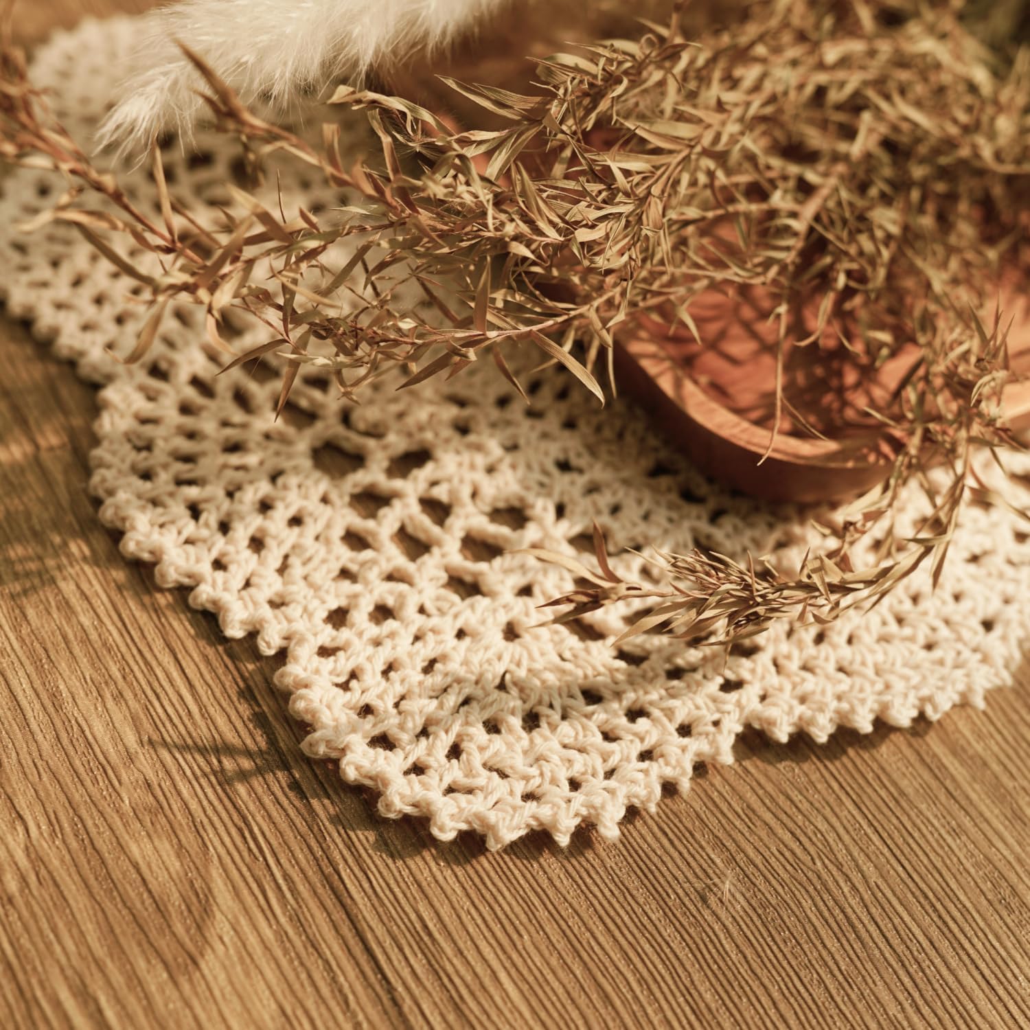 Phantomon Lace Doilies Handmade Crochet Placemats Cotton Doilies Cloth Lace, Pack of 2, Rectangular Shape Table Runner, 10 x 17 inch (Beige)