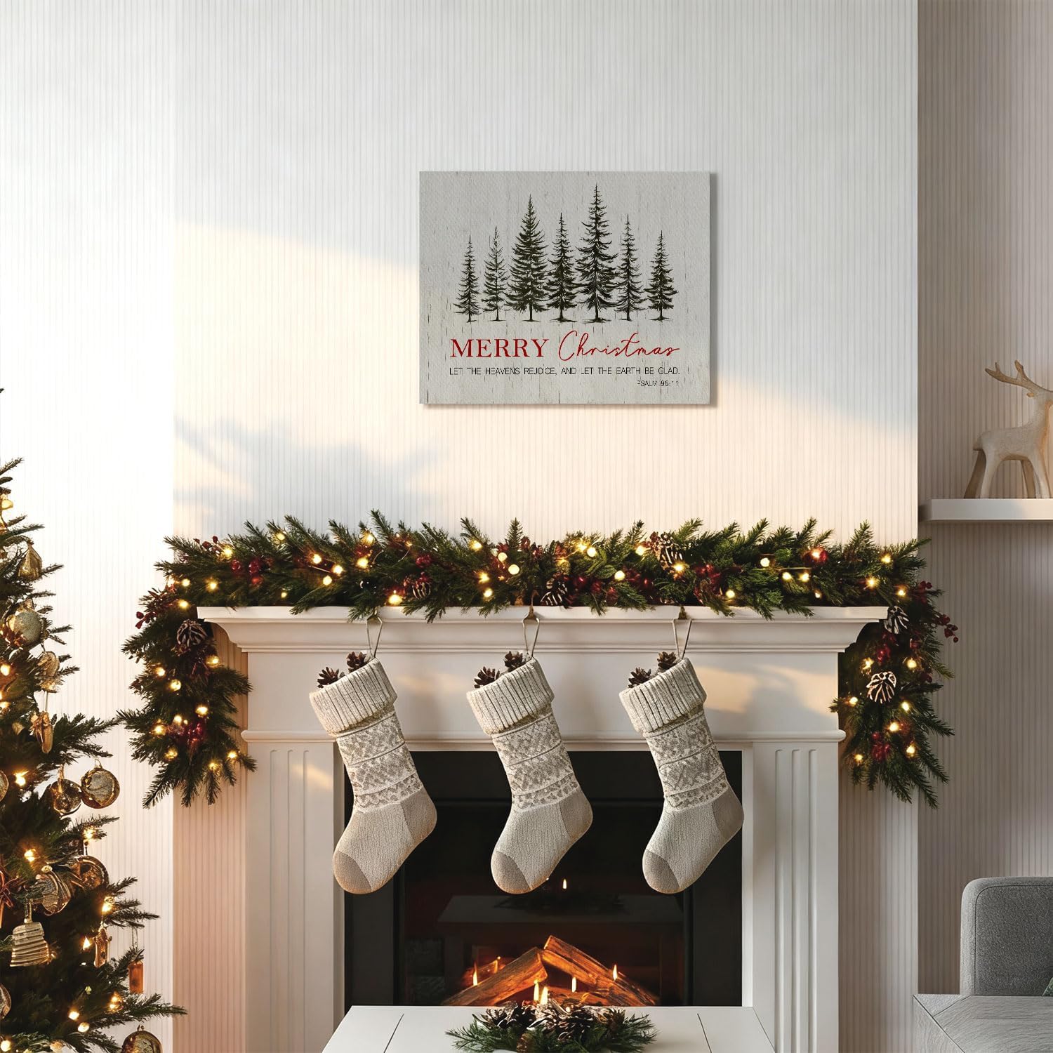 ChissNook Merry Christmas Canvas Art Wall Decor, Psalm 96:11 Bible Verse Framed Religious Scripture Decor, Winter Christian Pine Tree Wall Art Canvas for Home, 12x16 Inches