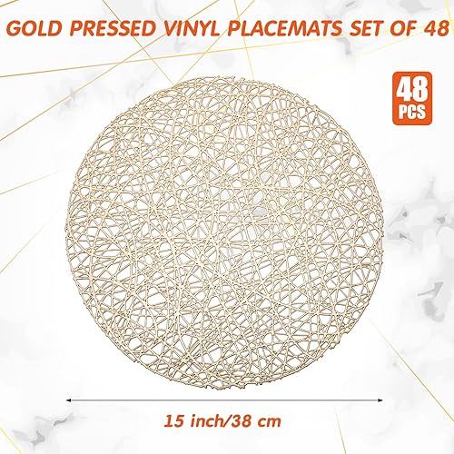 Miniatura 2 de Sieral Paquete de 48 manteles individuales redondos dorados de 15 pulgadas, de vinilo prensado, resistentes al calor, manteles individuales dorados