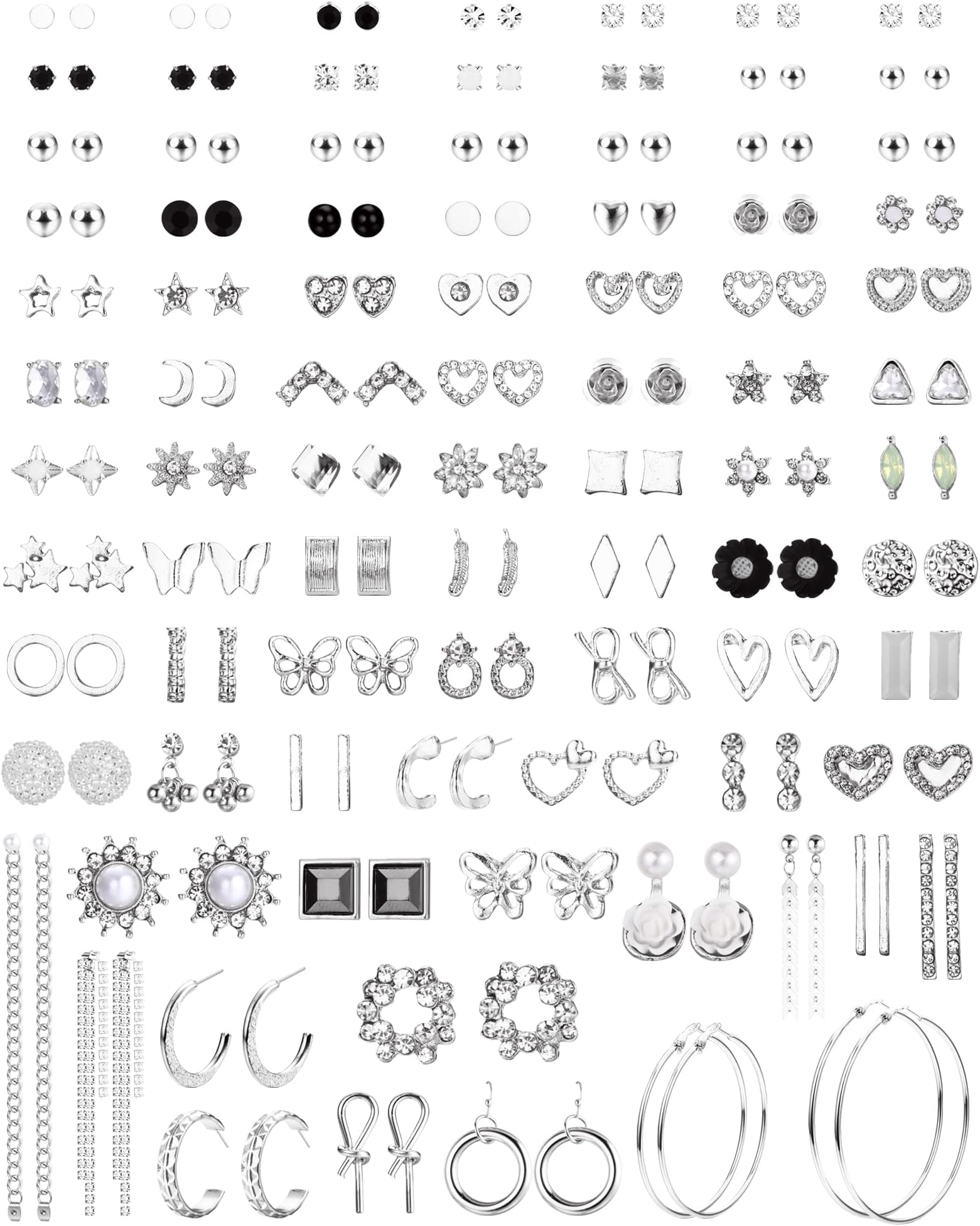 90 Pairs Stud Earrings for Women Assorted Girls Earring Multiple Piercings Earrings Set Long Dangle Drop Earrings CZ Pearl Earrings Stud Hoop Earrings Set Gold Silver Earrings for Women