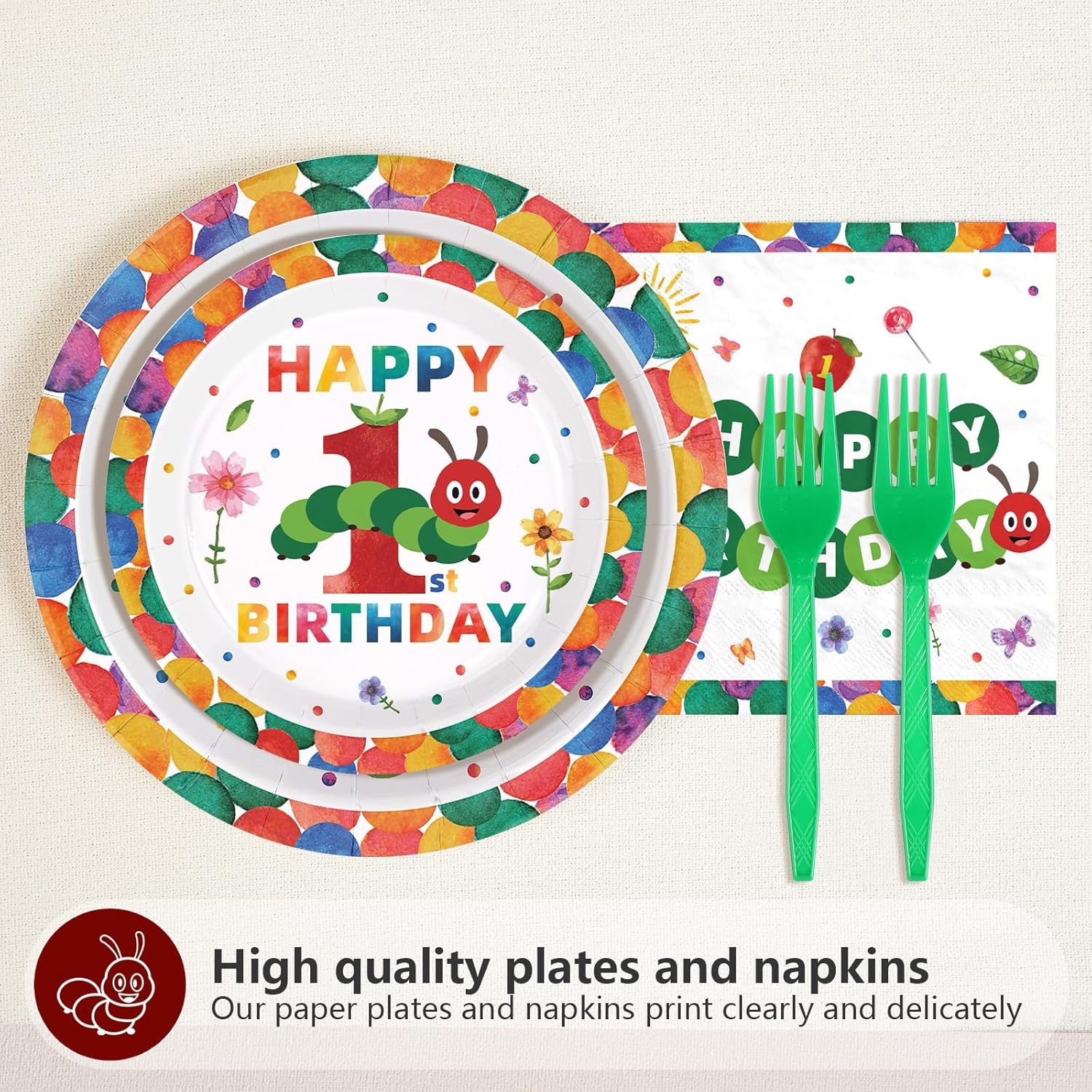 Grencian 200Pcs Caterpillar 1st Birthday Party Supplies A Hungry Green Insect is Turning One Plates and Napkins Tableware Set Hungry Caterpillar Party Decoration for Boys Birthday Baby Shower Serve 50