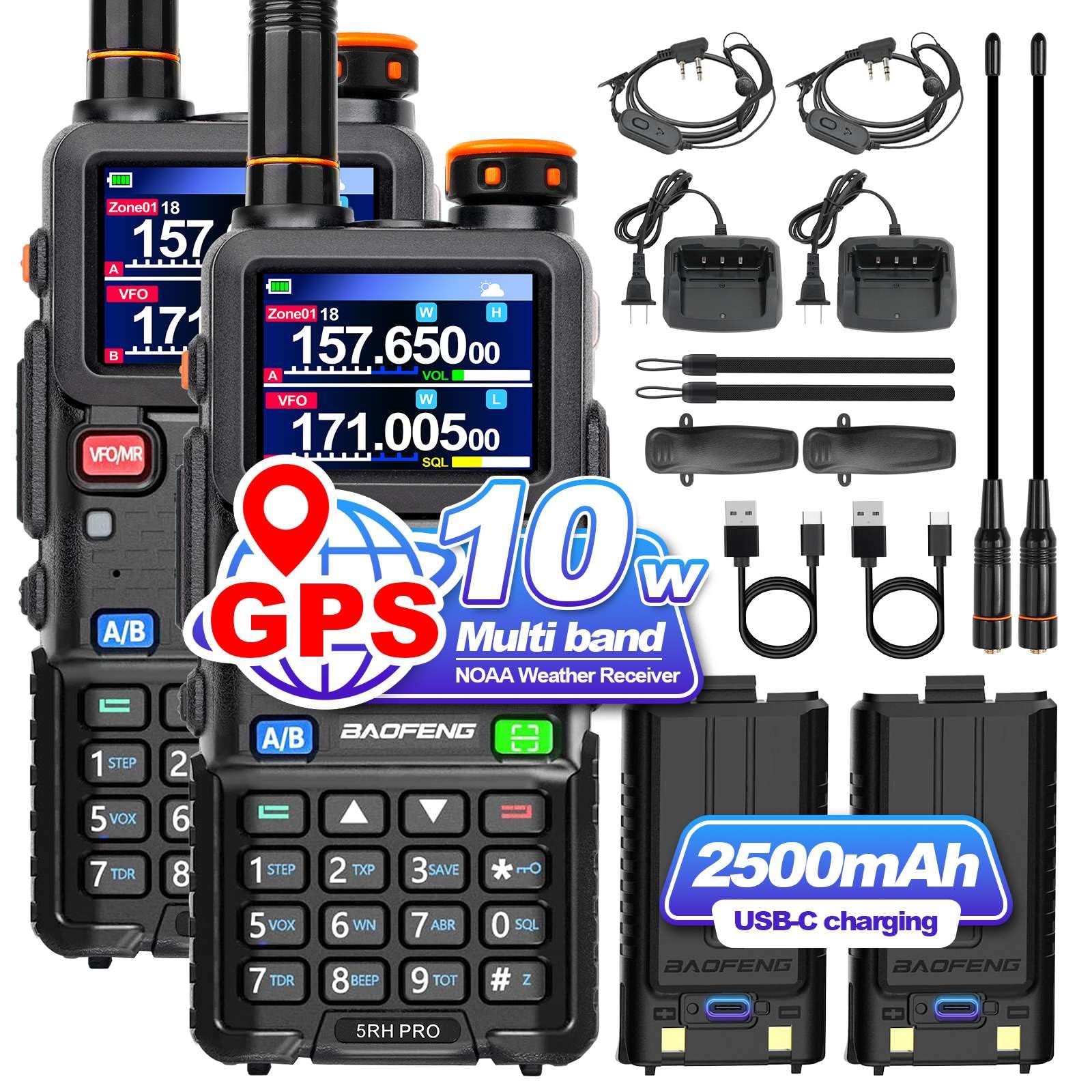 BAOFENG 5RH PRO GPS 10W Tri Band Ham Radio Long Range Handheld Two Way Radio,640CH,NOAA Weather Receiver,Walkie Talkies with Earpiece,USB-C Rechargeable 2500mAh Battery,Upgrade of baofeng 5RM,2 Pack