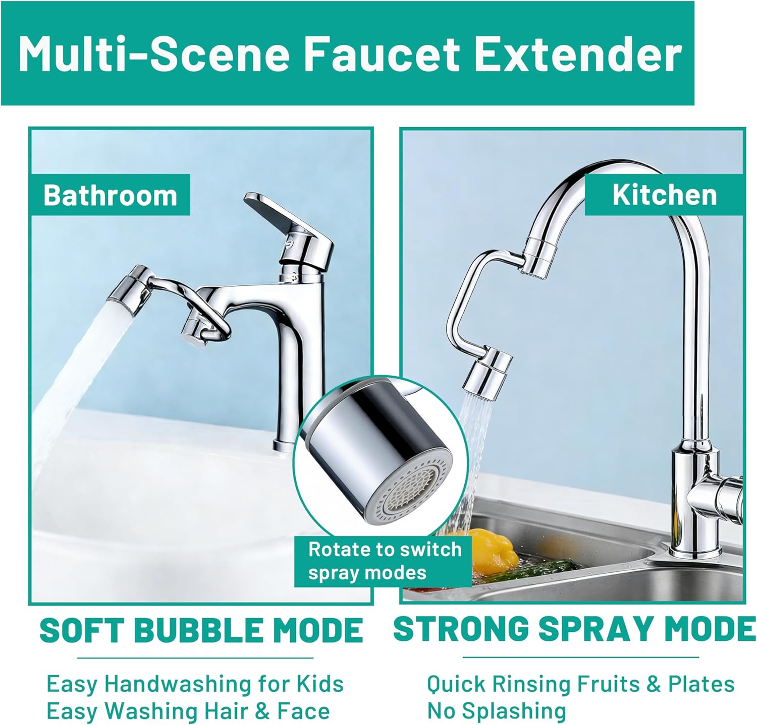 1080° Sink Faucet Aerator Extension Swivel Faucet Extender for Toddlers,2 Spray Modes Rotatable Bathroom Kitchen Faucet Extender for 25/32", 55/64",15/16" (Black)