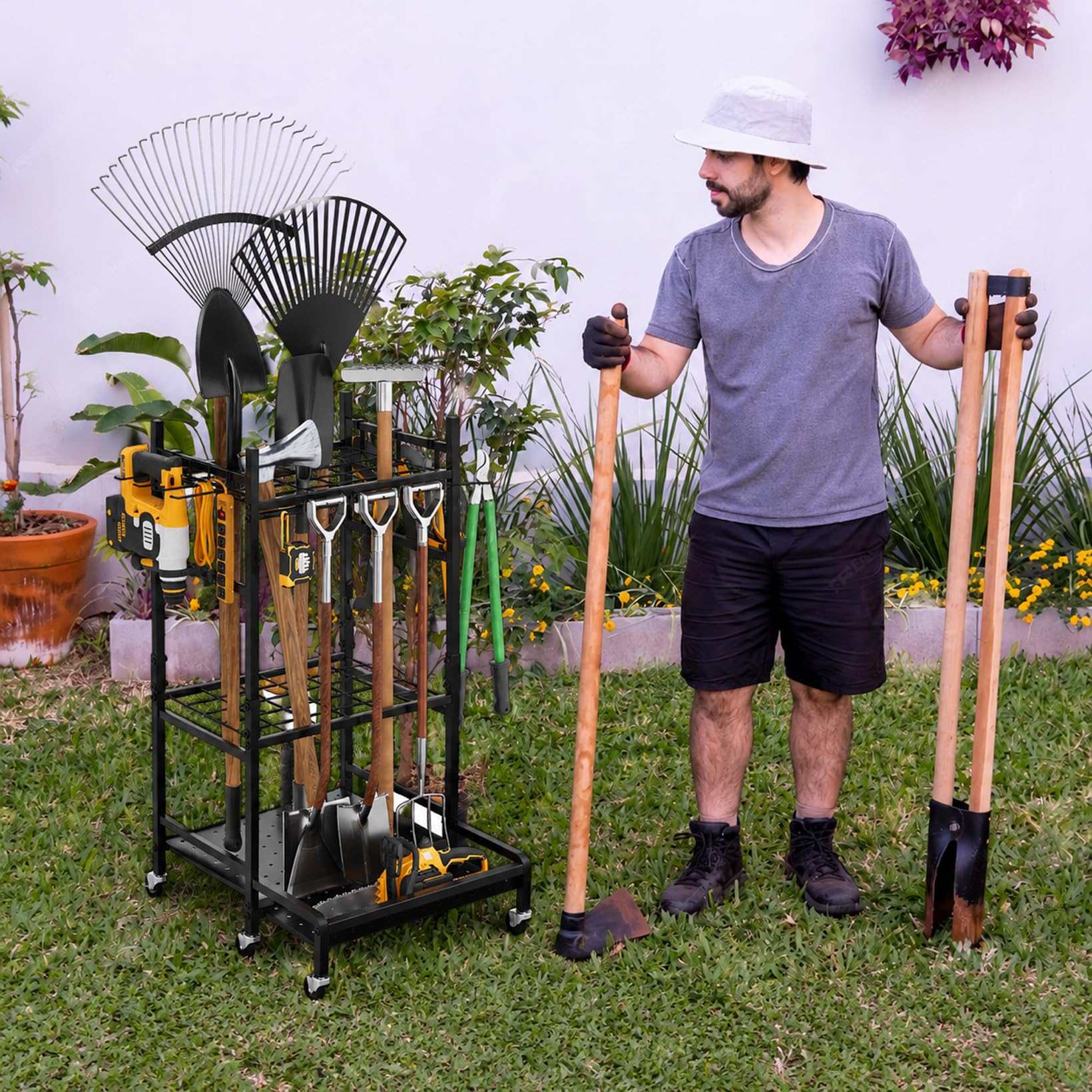 Soporte de almacenamiento para herramientas de jardín, organizador de herramientas de jardín, soporte de herramientas de jardín, soporte de herramientas de jardín de acero resistente, estante de 3