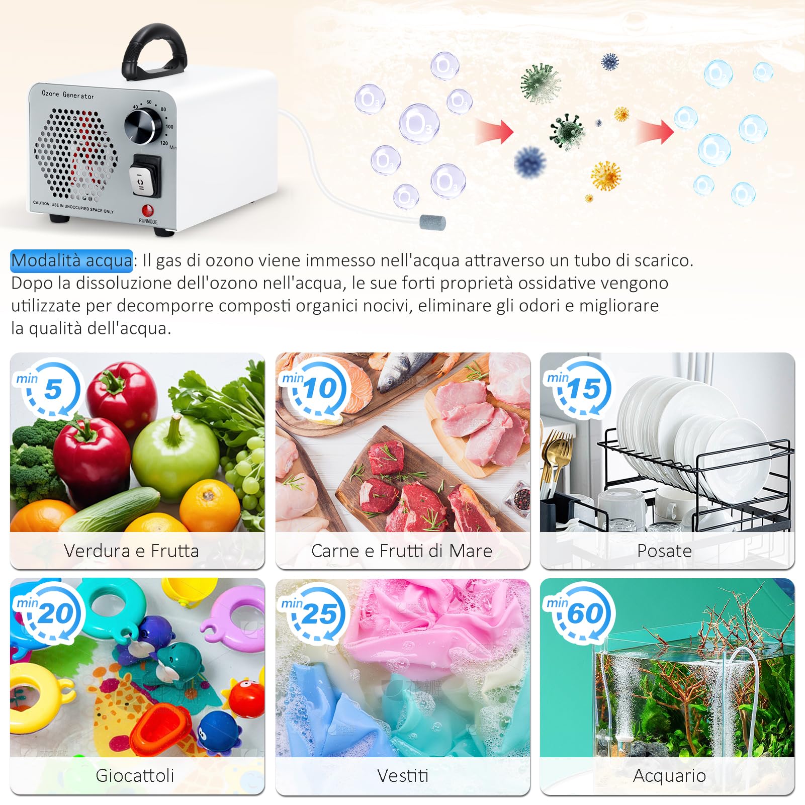 2 In 1 Generatore di Ozono 60000mg/H, Ozonizzatore per Ambienti con Modalità Acqua e Aria, O3 Purificatore d'Aria Deodorante con 120 Min Timer, Macchina Ozono per Casa Auto Frutta Verdura