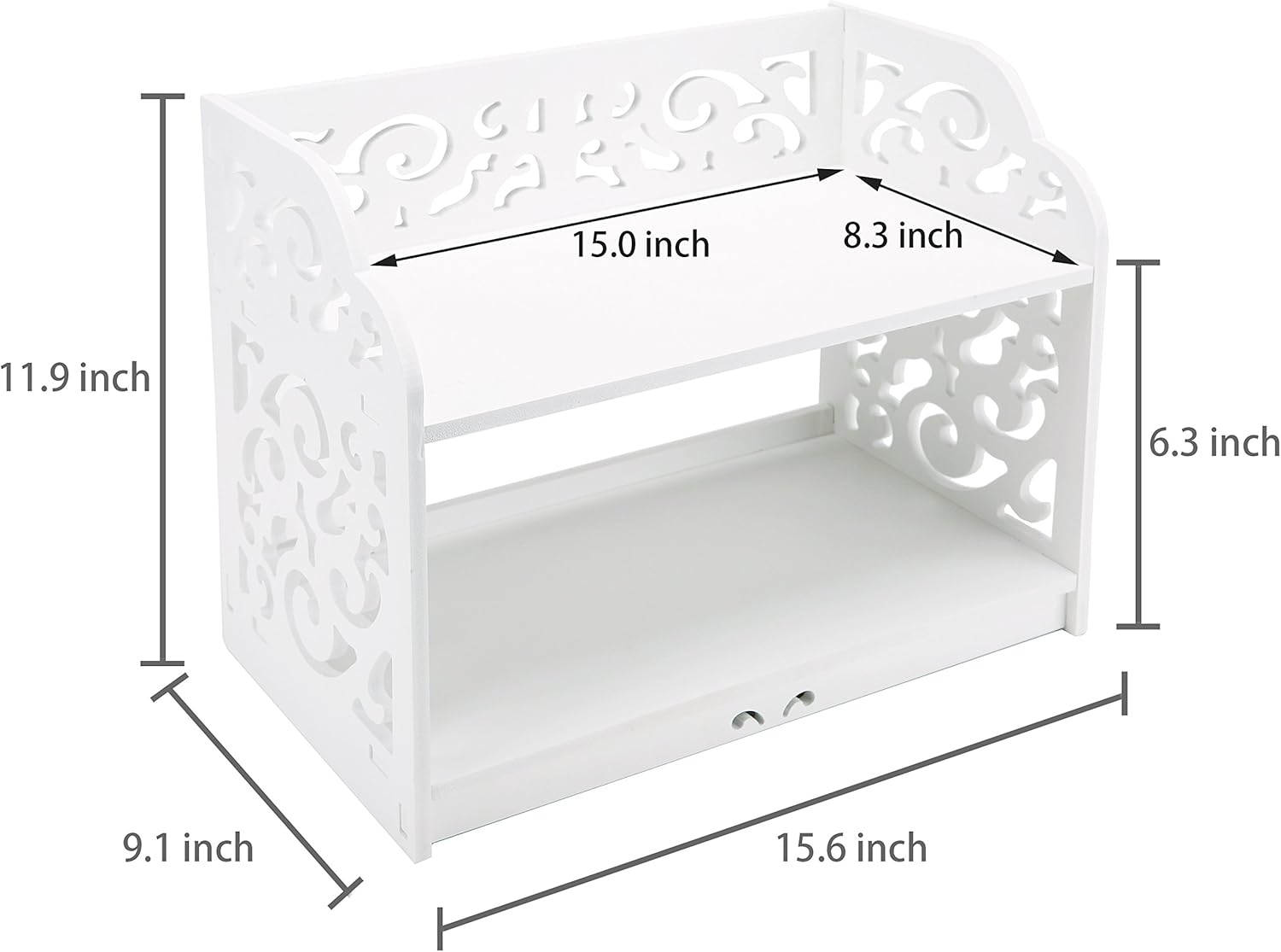 MyGift 2 Tier Vintage White Desktop Bookshelf Organizer Display Stand with Scrollwork Cut Out Design for Home Office Desk, Living Room, Bedroom