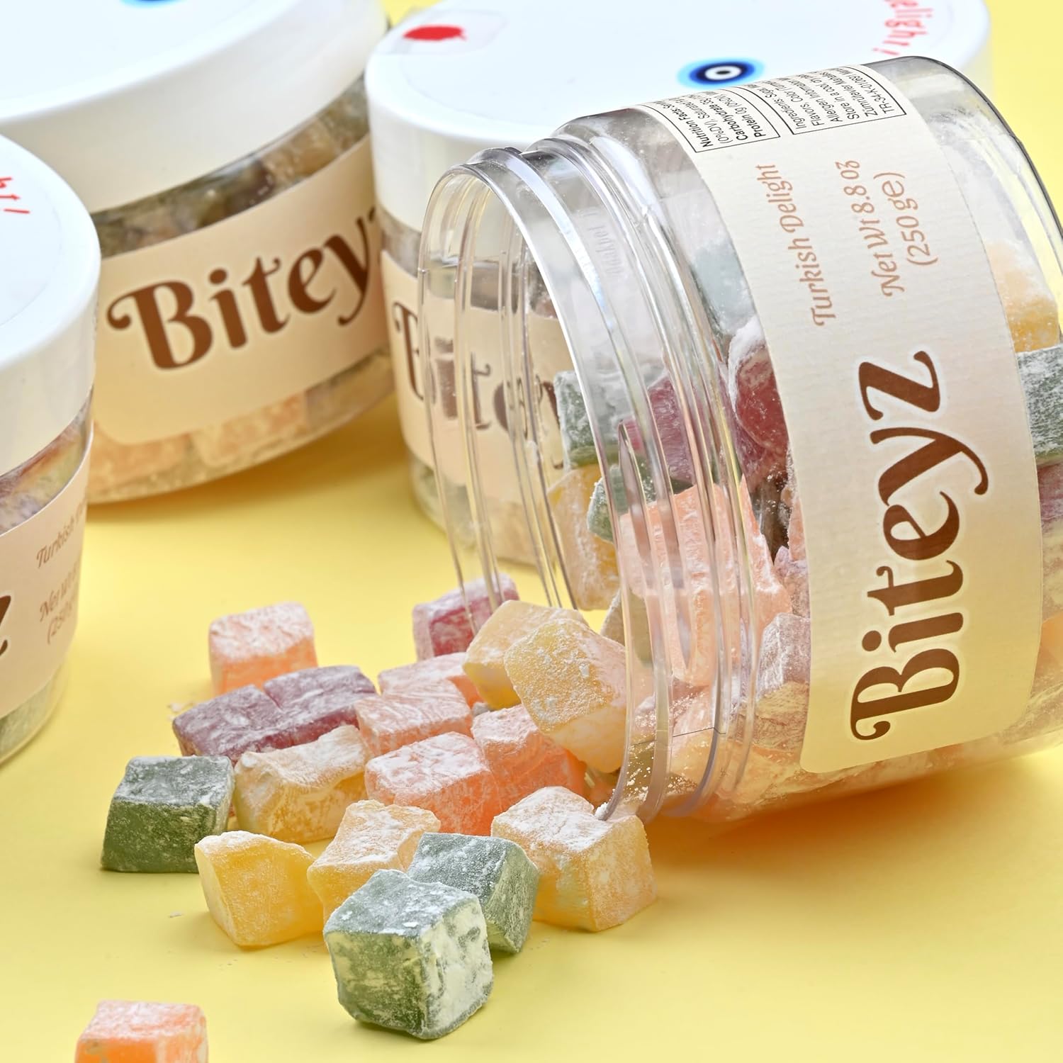 Biteyz Mini Turkish Delight, Vegan Candy Gift - Assorted Gourmet Snacks with Lemon, Orange, Rose, and Mint Flavors, 6 Servings of Luxury Handmade Vegan Treats