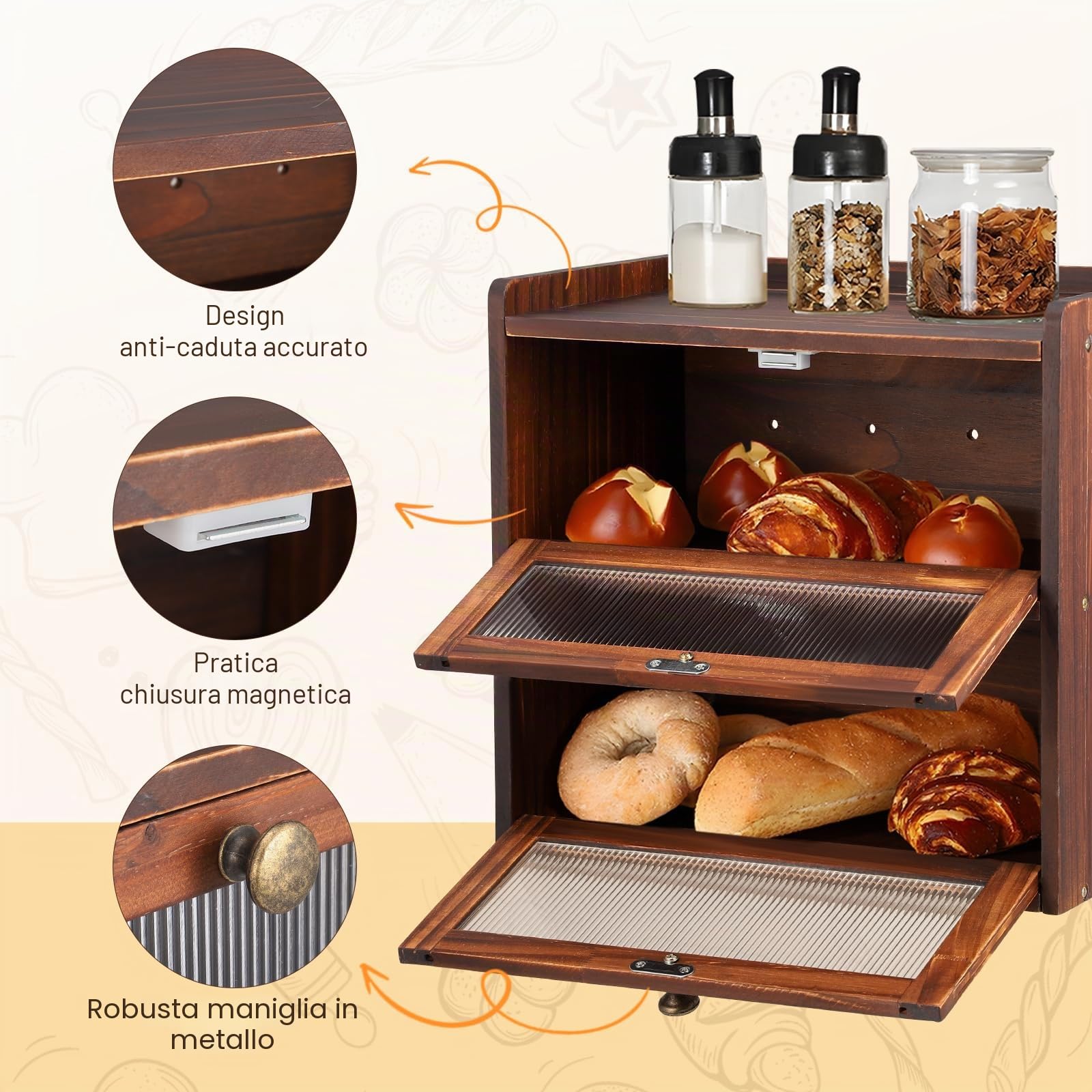 Contenitore per il Pane Doppio Strato per il Piano di Lavoro della Cucina, Portapane in Legno con Finestre, Scatola per Alimenti Secchi con Prese D'aria per Mantenere il Pane Fresco(Marrone)