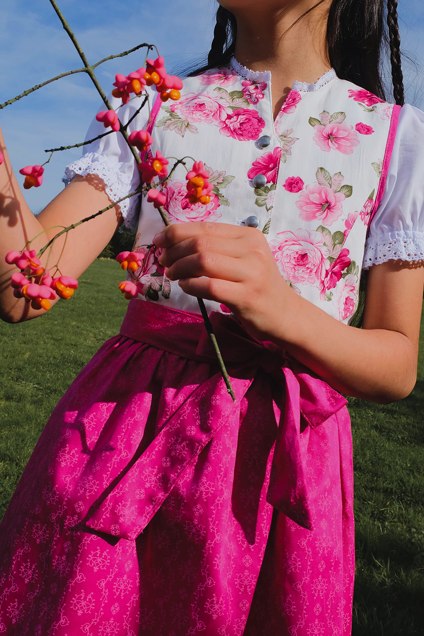 Ramona Lippert® - Dziecięcy Dirndl dla dziewczynek - zestaw Dirndl Tami - różowy + biały z nadrukiem róży - w zestawie sukienka, fartuch i bluzka - świąteczny strój ludowy - rozmiar 86 do 164, Rosa, 86/92 cm